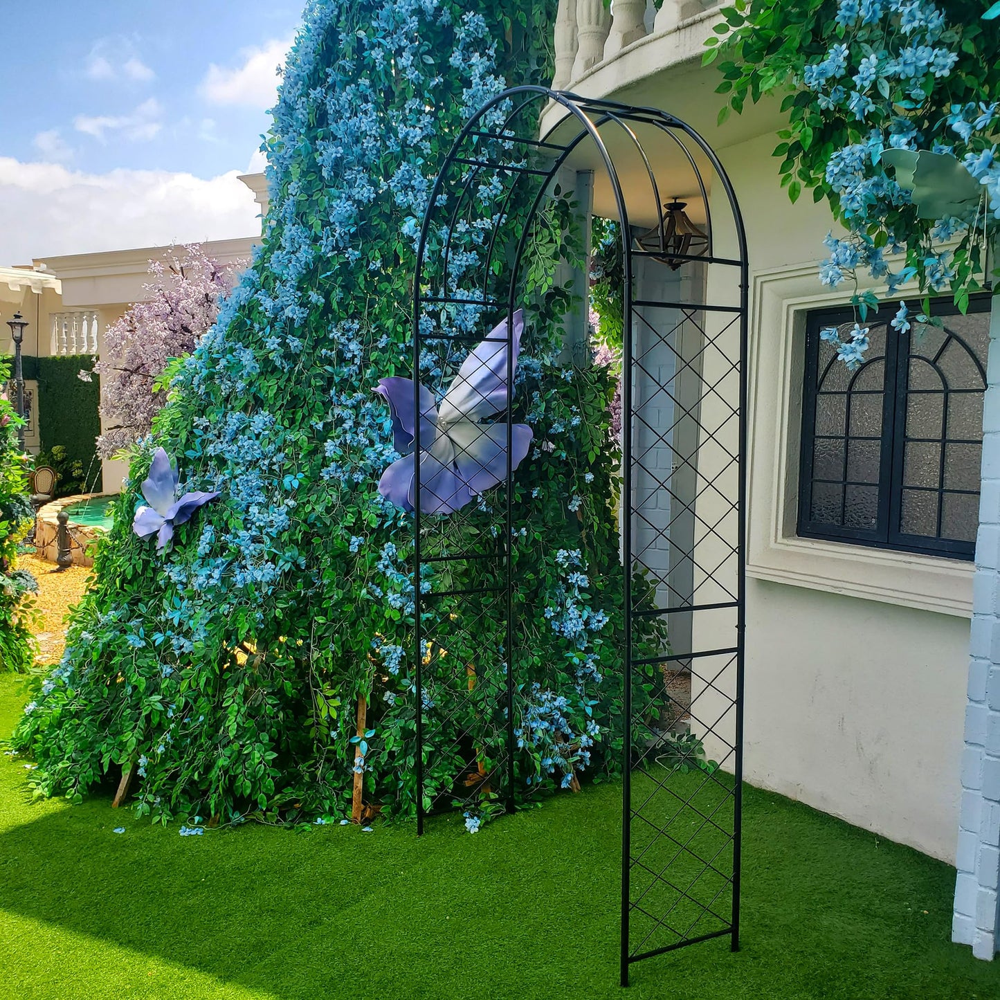 Flohover Metal Pergola Arbor, 7.9 Ft High x 3.8 Ft Wide, Garden Arch for Various Climbing Plant Wedding Garden Arch Bridal Party Decoration High Arbor Wedding Decor with Stakes