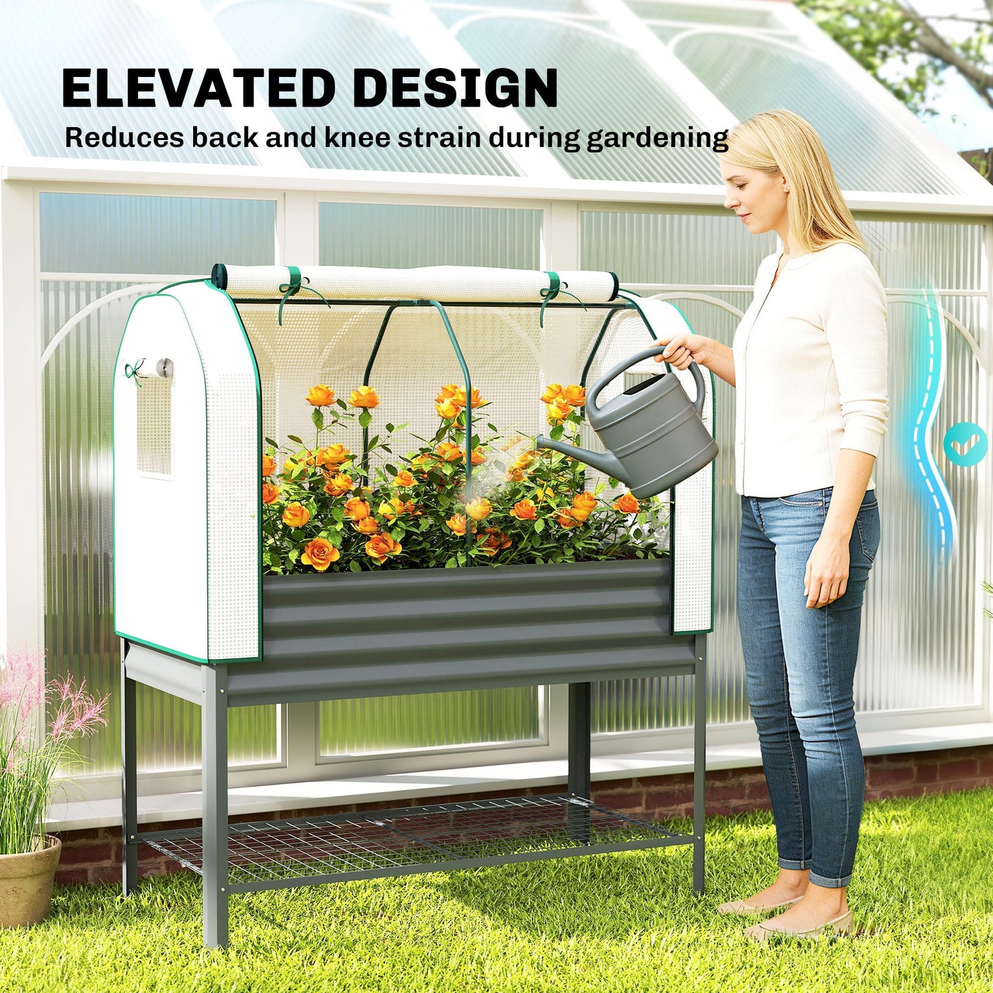 Outsunny Galvanised Raised Garden Bed with Greenhouse Cover, Metal Elevated Garden Bed with Legs, Bed Liner and Bottom Shelf, Outdoor Raised Planter Box for Vegetables, Herbs, Flowers, Dark Gray