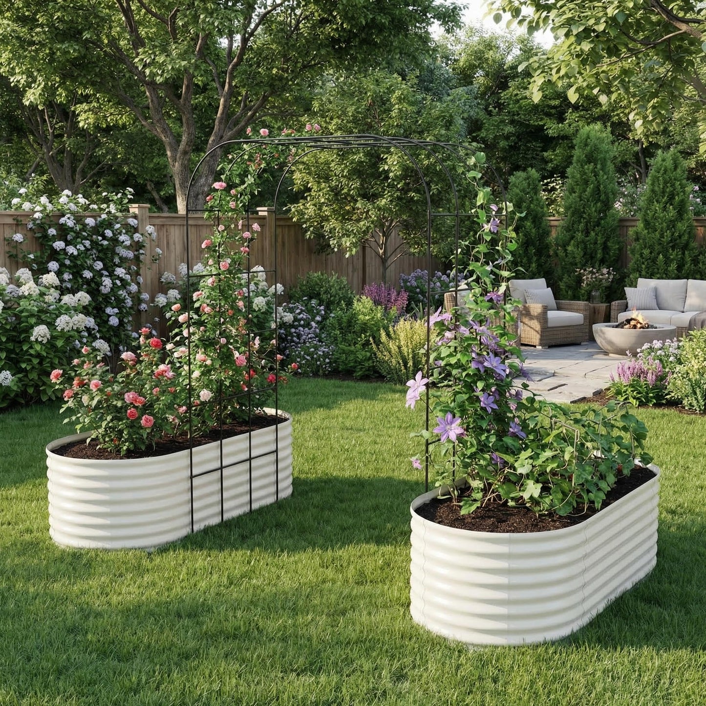 IDEALHOUSE 96" Tall Galvanized Metal Raised Garden Bed with Vertical Arch Trellis, Expandable Outdoor Planter Box for Climbing Vegetables & Flowers, Includes Plant Clips and Drainage Netting, Beige