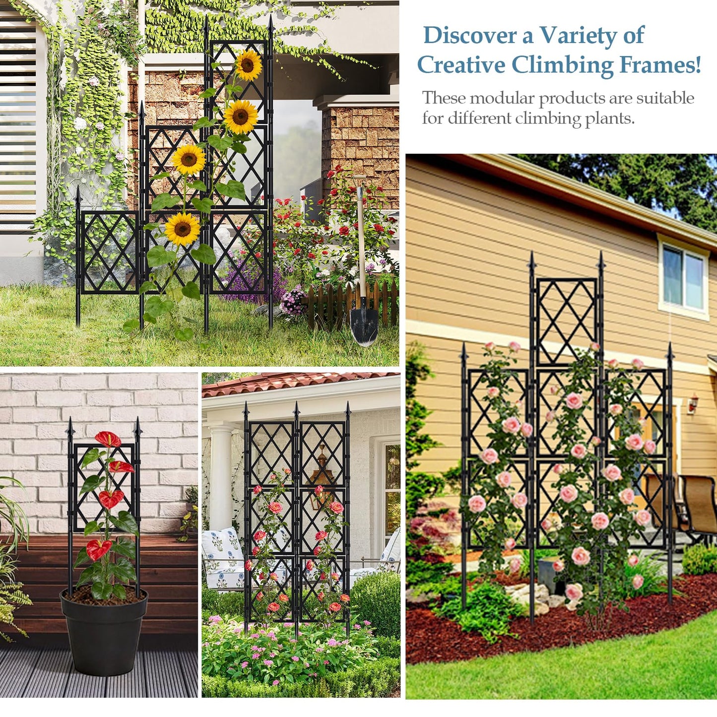 DEVISEFUN 5.25FT Metal Garden Trellis for Climbing Plants Outdoor and Indoor, Black Iron Pipe Support Fence Climbing Plant Frame Wall Trellis with Garden Twist Tie for Ivy Vines Vegetable Flower