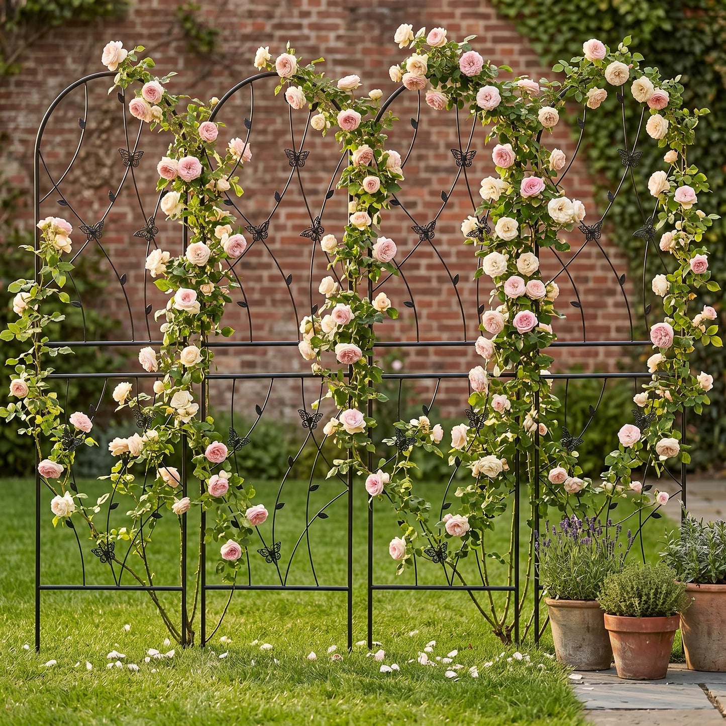 Wooakway 4 Pack Metal Garden Trellis, 71" x 19.7" Rustproof Decorative Plant Support with Butterfly Design for Outdoor Climbing Plants, Heavy Duty Flower Trellis for Roses, Yard Privacy Screen, Black