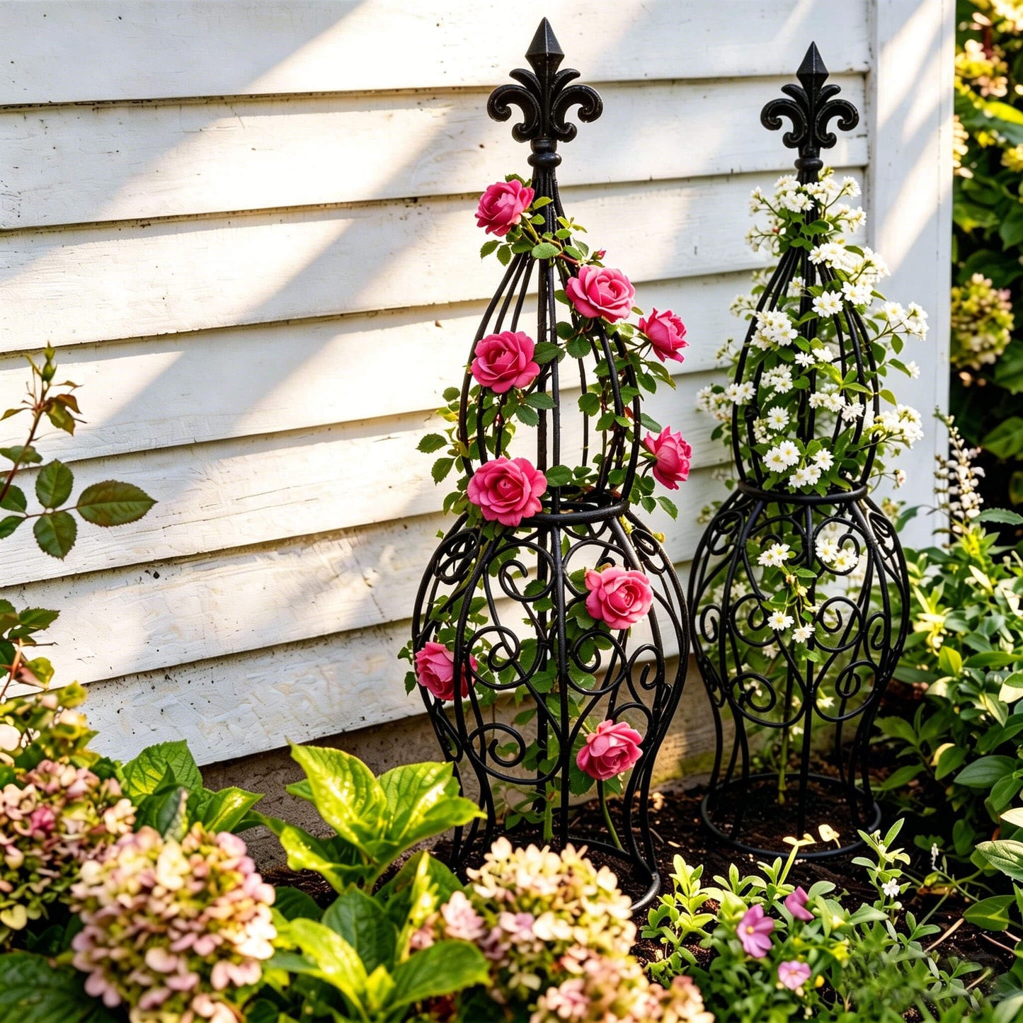 2-Pack Garden Obelisk Trellis for Climbing Roses & Flowering Vines, 30" Tall Iron Plant Support, Tool-Free Snap Assembly, Decorative Outdoor Accent for Patio Planters & Entryways