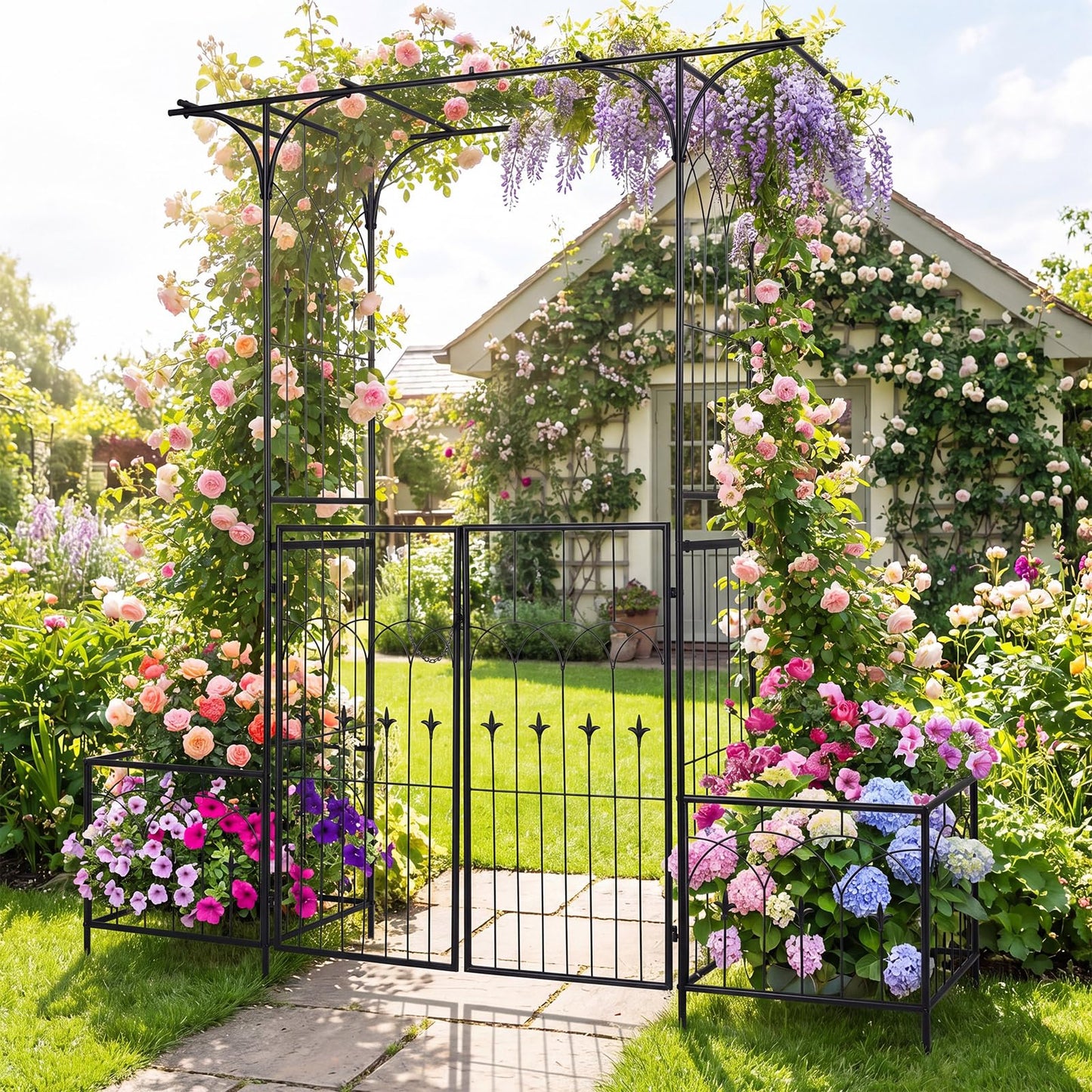 Giantex Garden Arbor with Gate and Planter, 79" W x 81" H Metal Arch Trellis with Double Doors, Outdoor Archway for Climbing Plants, Weddings, Backyard, Patio, Lawn, Ceremony Party Decoration
