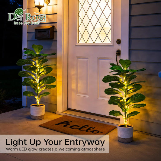 Der Rose 2 Pack 30" Artificial Fiddle Leaf Fig Tree with Warm LED Lights – Battery Powered, Mid-Size Fake Plants for Living Room, Bedroom, Entryway & Home Decor