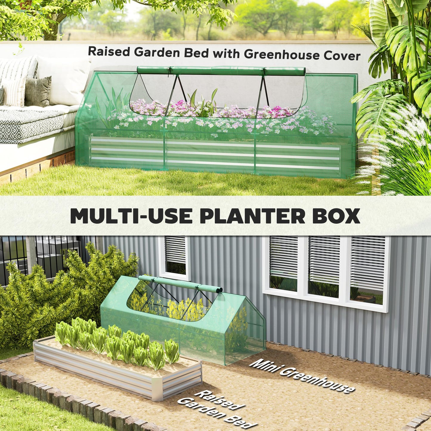 Outsunny 8.6 x 3 x 1ft Metal Planter Box with Mini Greenhouse, Galvanized Raised Garden Bed with Cover for Herbs and Vegetables, Small Greenhouse for Patio Garden Balcony, Green and Silver