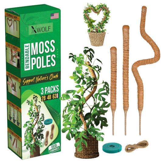 XWOLF 3 Pack Bendable Moss Pole 28" 48" 63" Monstera Plant Support for Climbing Indoor Plants, Tall Coir Plant Pole Sticks & Plant Stakes for Pothos, Philodendron & Potted Plants, Includes Plant Ties