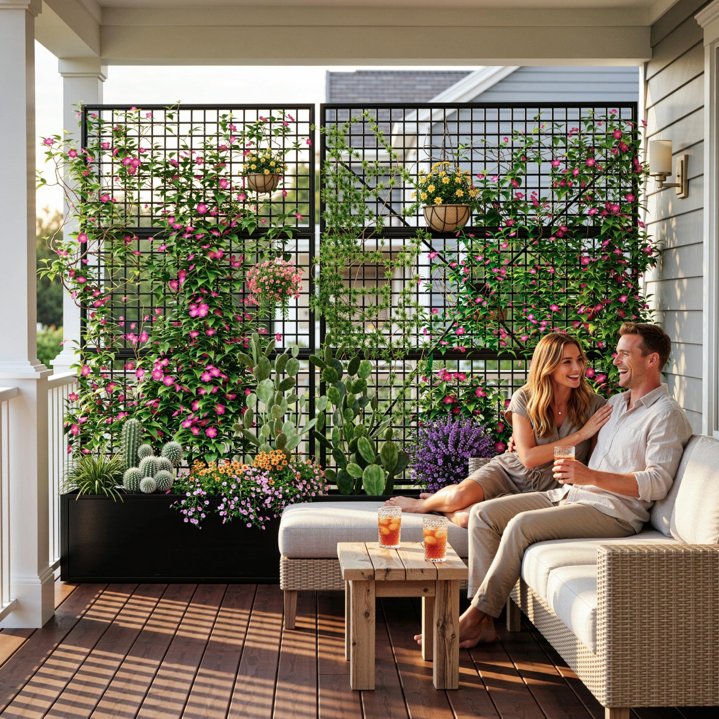 Privacy Planters for Patio – Metal Raised Garden Bed with Trellis and Privacy Screen, 71"×47.2"×16" Planter Box with Drainage Holes for Climbing Plants, Vegetables, and Vines, Outdoor Backyard Black
