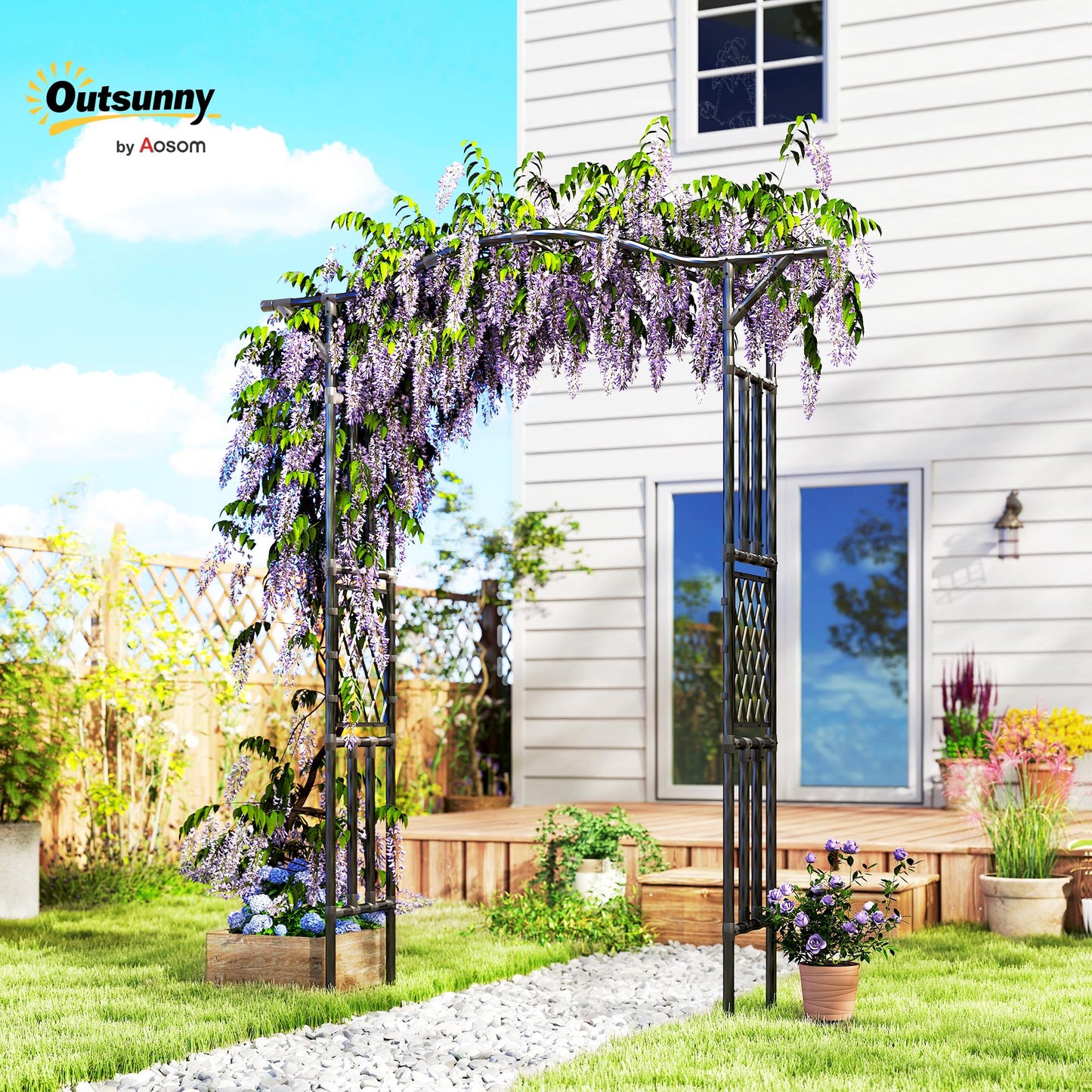 Outsunny Garden Arch, 7.5ft PE-Coated Steel Garden Arch Trellis for Climbing Plants, Arbour Archway with Extended Top for Wedding Ceremony Backyard Lawn Patio, Black