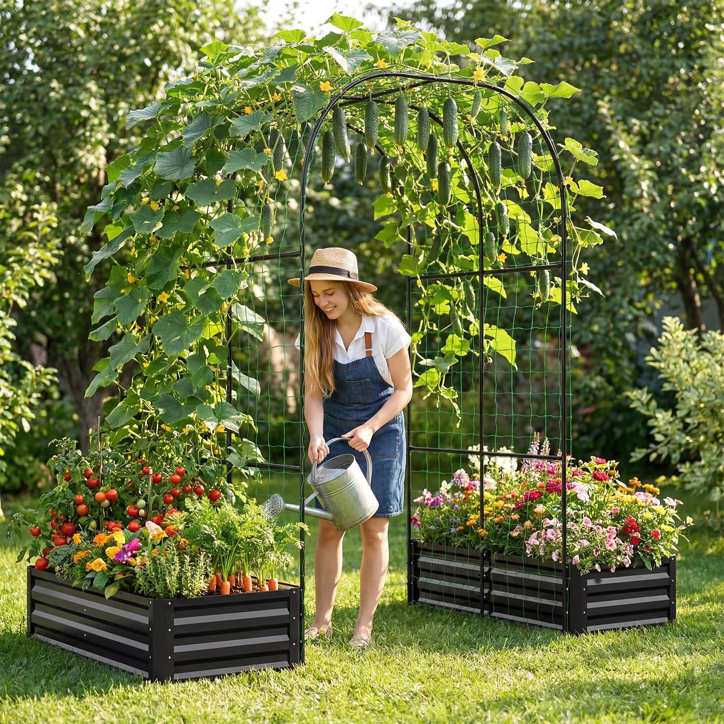 DoCred 3 in 1 Raised Garden Bed with 87in Tall Arch Trellis for Climbing Plants, Galvanized Planter Garden Box Outdoor for Gardening, Climbing Vegetables, Flower, Black