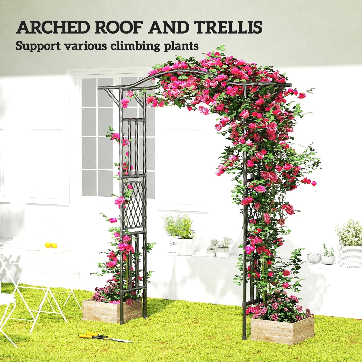 Outsunny Garden Arch, 7.5ft PE-Coated Steel Garden Arch Trellis for Climbing Plants, Arbour Archway with Extended Top for Wedding Ceremony Backyard Lawn Patio, Black