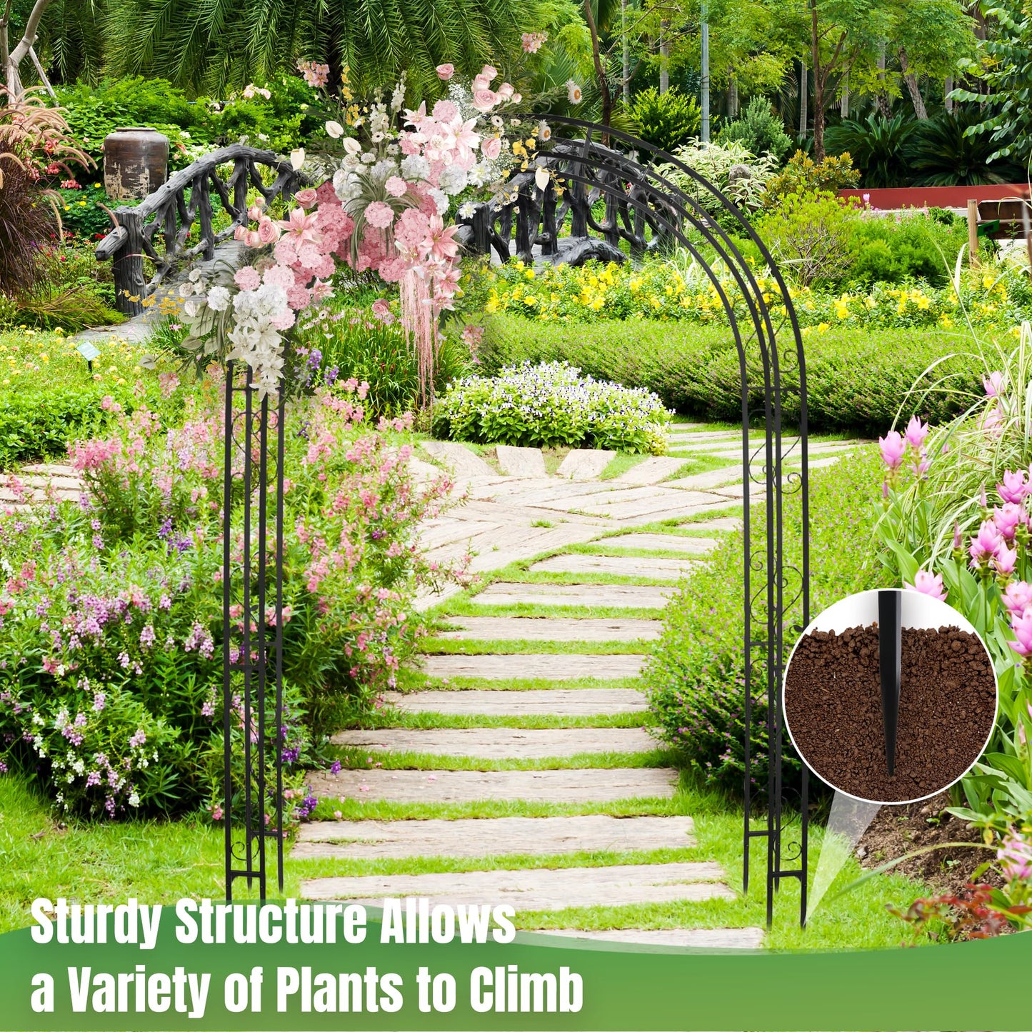 Solaroxy 7FT Black Garden Arbor Trellis, Outdoor Metal Garden Arch for Climbing Plants Flowers Vines, Metal Lightweight Wedding Decoration Frame Archway for Lawn Bridal Party Ceremony Holiday Event