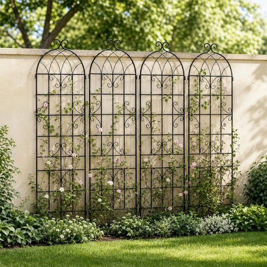 Sybrioka 4 Pack Metal Garden Trellis 86.7" H Garden Fence Rustproof Trellis for Climbing Plants Support Roses Flower Outdoor Lawn Black