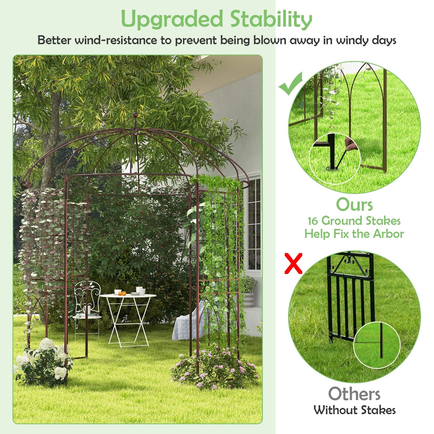 HAPPYGRILL Birdcage Shape Garden Arbor, 7 x 8.4 ft Heavy Duty Metal Garden Gazebo Pergola with Trellis, Garden Arch Trellis for for Climbing Plants Wedding Party Decor Outdoor Arch Pavilion for Lawn