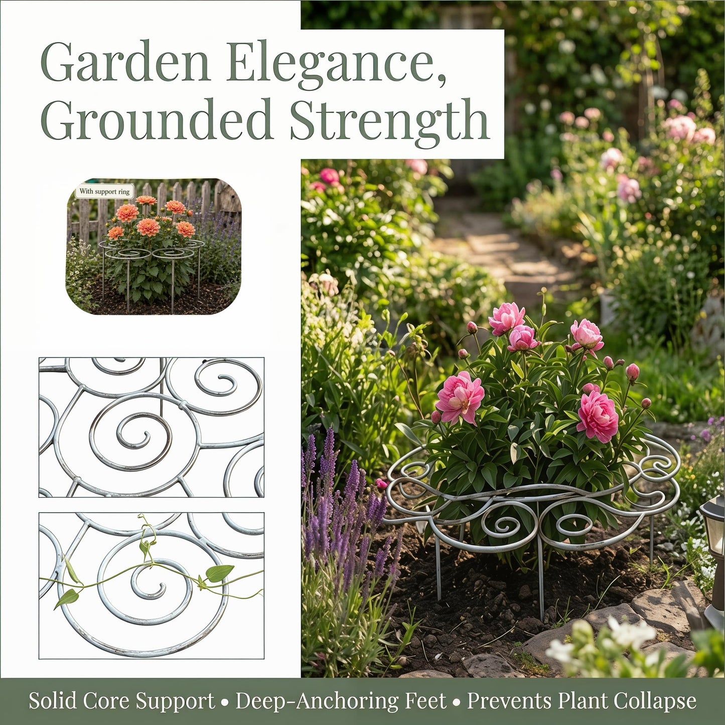 Peony Cages and Supports–Heavy Duty Metal Plant Support Ring for Garden, Grow Through Plant Support Stakes for Roses Hydrangeas, Outdoor Flower Cage with Weather-Resistant Iron Frame (2 Pcs Large)