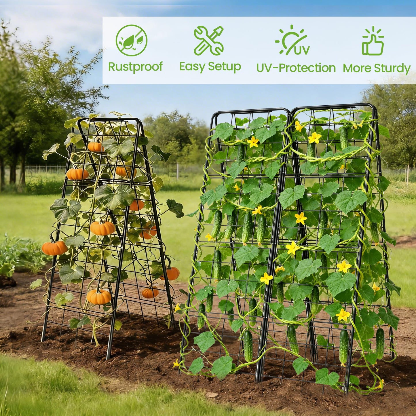 Garden Trellis for Cucumbers, 50” x 16“ Adjustable A-Frame Plant Support for Climbing Plants Outdoor, Vegetable, Flowers, 2 Pack Heavy Duty 1cm Metal Vegetable Trellis for Backyard, Raised Bed, Patio