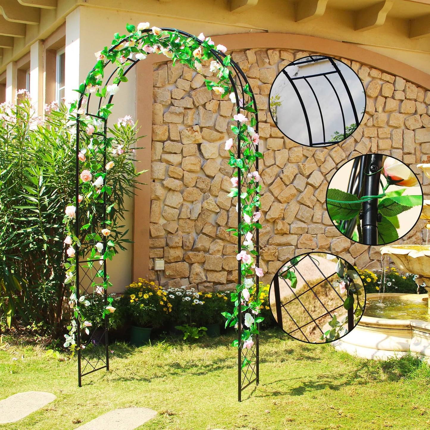 Flohover Metal Pergola Arbor, 7.9 Ft High x 3.8 Ft Wide, Garden Arch for Various Climbing Plant Wedding Garden Arch Bridal Party Decoration High Arbor Wedding Decor with Stakes