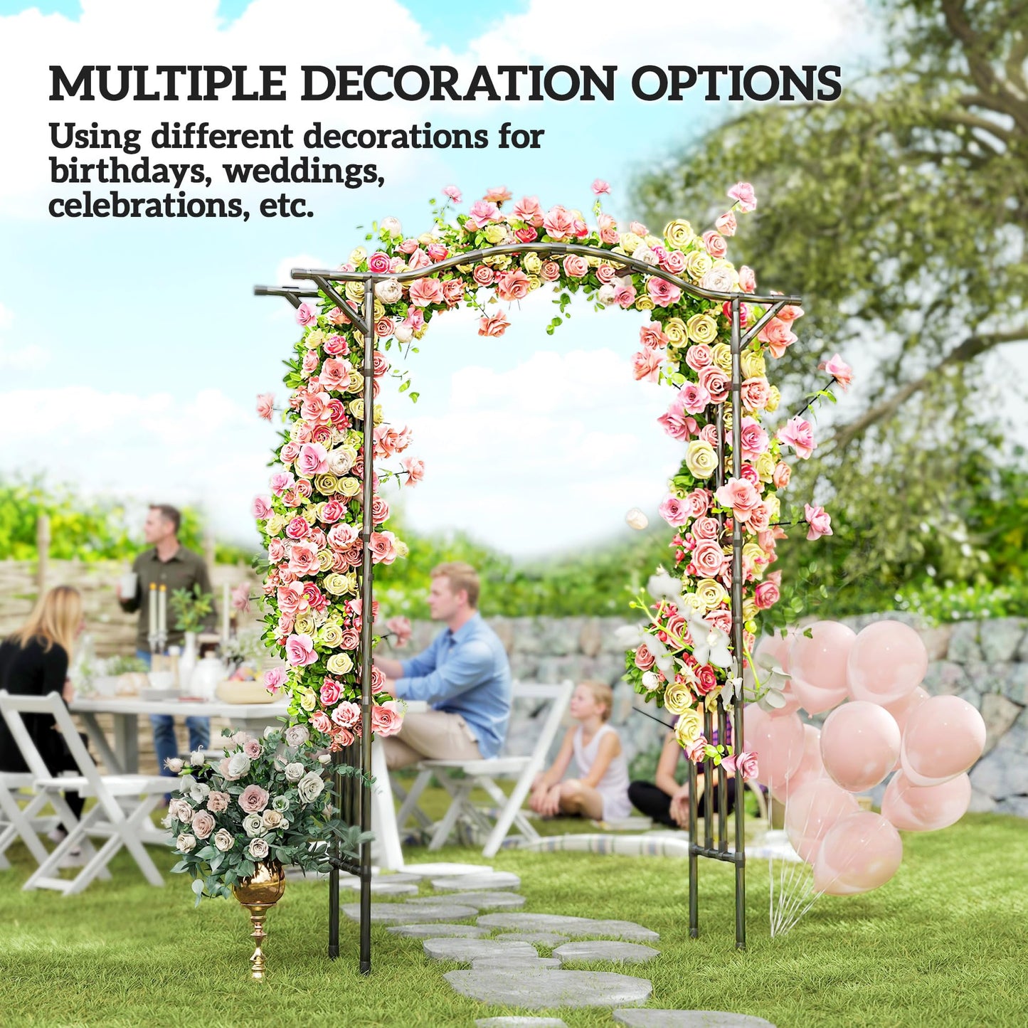 Outsunny Garden Arch, 7.5ft PE-Coated Steel Garden Arch Trellis for Climbing Plants, Arbour Archway with Extended Top for Wedding Ceremony Backyard Lawn Patio, Black