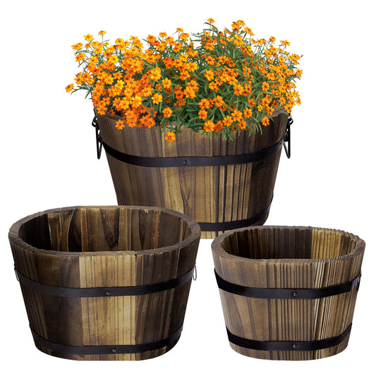 Adnee 3 Pcs Wooden Whiskey Barrel Planters - 3 Sizes Wooden Bucket Barrel Garden Planters Set - Rustic Flower Planters Pots Container for Indoor Outdoor Garden Home Plants(5.3",7.3",8.3")