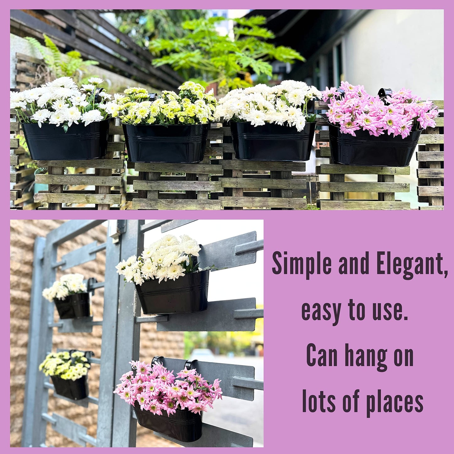 LaLaGreen Outdoor Rail Planter (11.8 Inch, 4 Pack) Black Metal Iron Hanging Flower Pots Deck Railings Fence Buckets Modern Countryside Boho Style Wall Mount Window Box Plant Holder Hooks Porch Decor