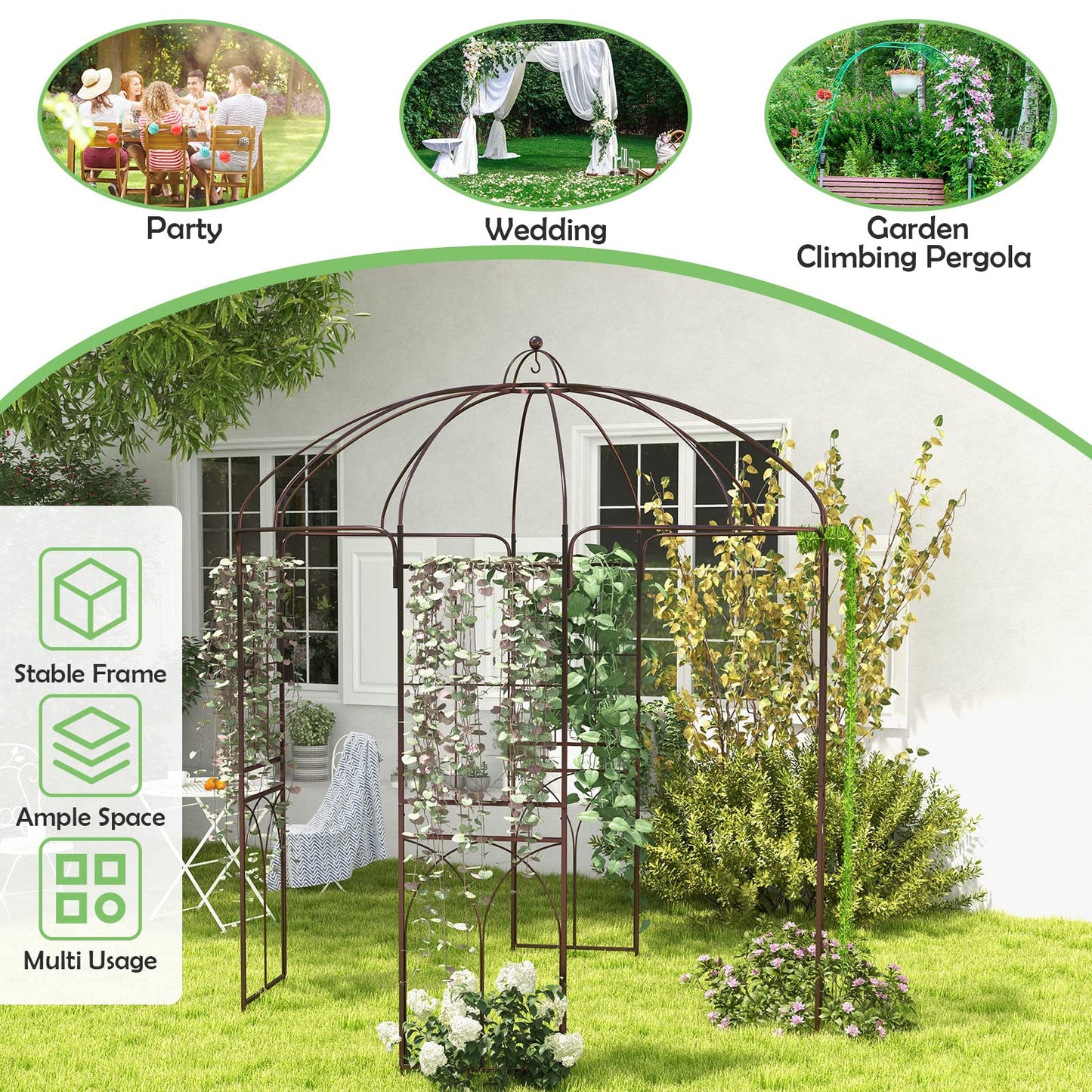 HAPPYGRILL Birdcage Shape Garden Arbor, 7 x 8.4 ft Heavy Duty Metal Garden Gazebo Pergola with Trellis, Garden Arch Trellis for for Climbing Plants Wedding Party Decor Outdoor Arch Pavilion for Lawn