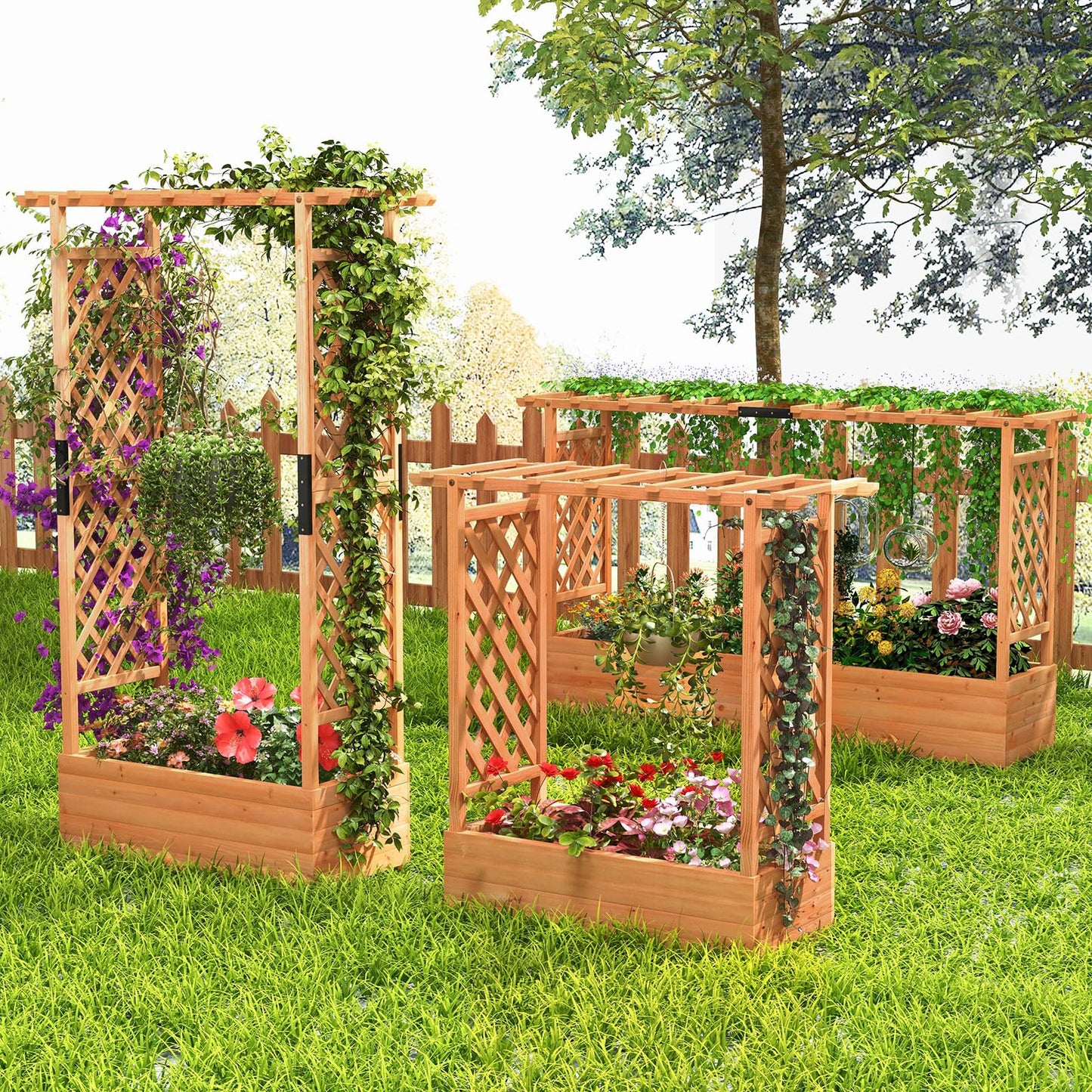 LDAILY Raised Garden Bed with Trellis, Above Ground Garden Bed with Hanging Roof, Side Trellis, & 4 Drainage Holes, Planter Box for Outdoor Climbing Plants Vines Flowers (1, 43.5"L x 17.5"W x 72"H)