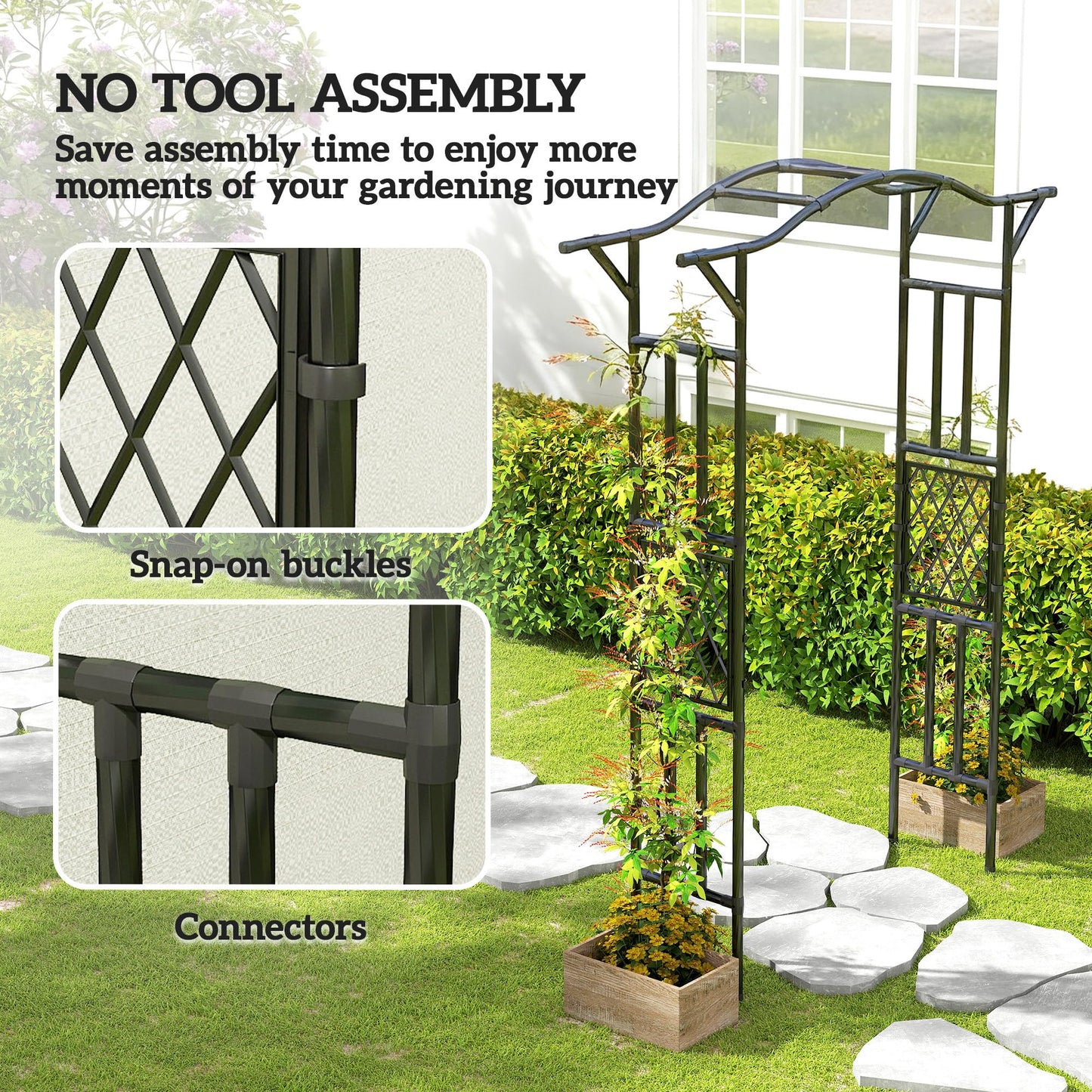Outsunny Garden Arch, 7.5ft PE-Coated Steel Garden Arch Trellis for Climbing Plants, Arbour Archway with Extended Top for Wedding Ceremony Backyard Lawn Patio, Black