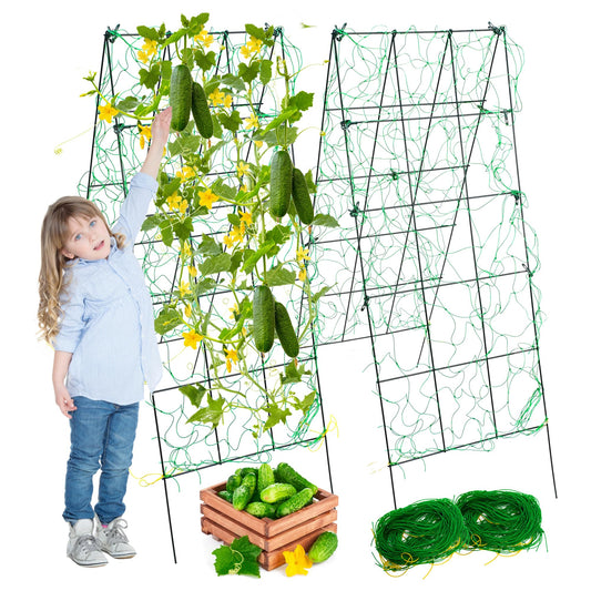 warmfarm Pack 2 Heavy Metal Garden Trellis for Climbing Plants with Trellis Netting & Garden Clips, A-Frame Cucumber Trellis for Raised Bed