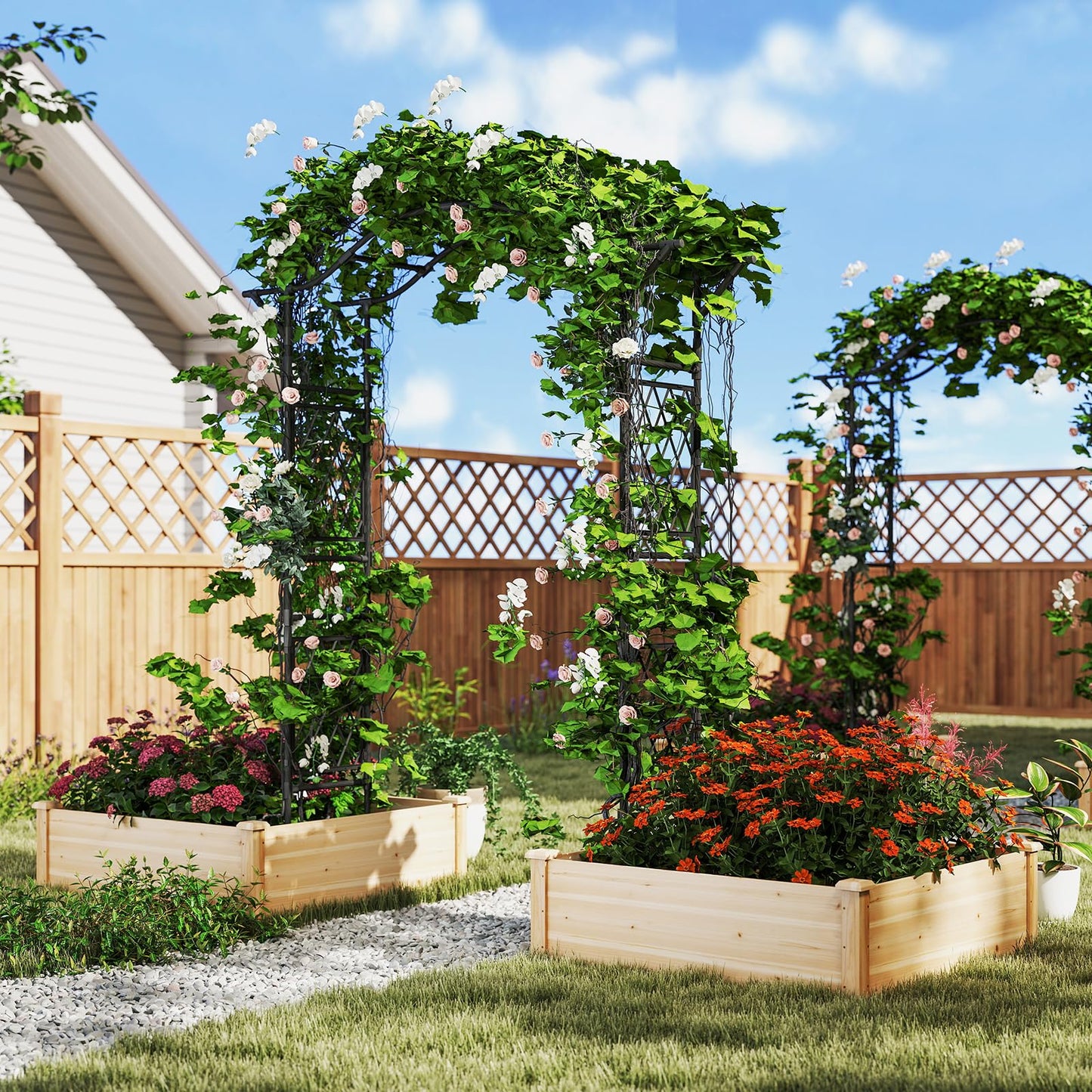 Giantex Garden Arch Trellis, 67''W x 83''H Metal Arbor with Corrugated PE-Coated Steel Tubes & Lattice Panels for Climbing Plants, Decorative Wedding Arch for Yard, Lawn, Party & Outdoor Events