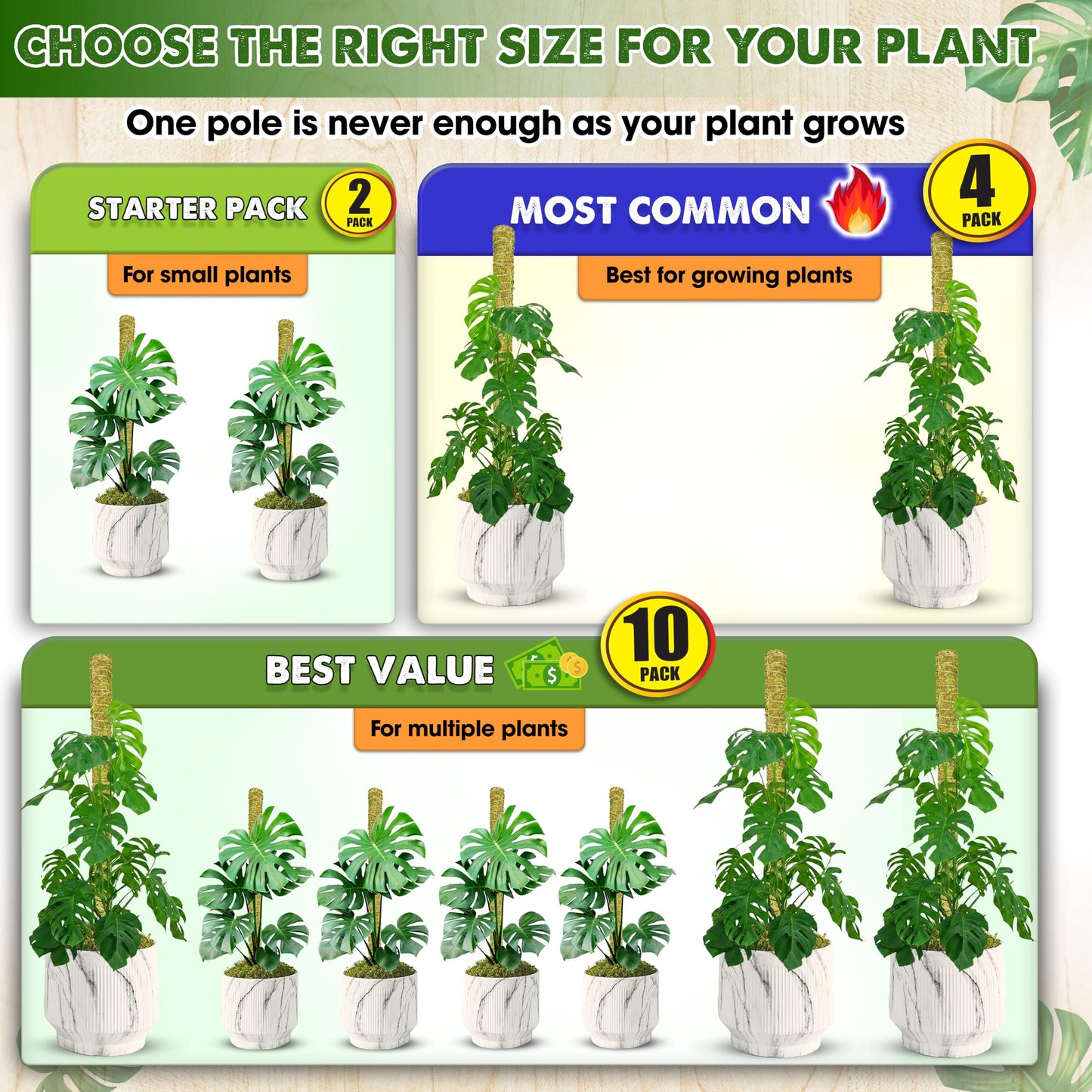 DUSPRO Natural Stackable Moss Pole for Plants Monstera Potted Plant Stakes for Indoor Plants Extendable Plant Pole Moss Sticks for Plants Climbing Vine Supporting Monstera Trellis 10Pcs 22''