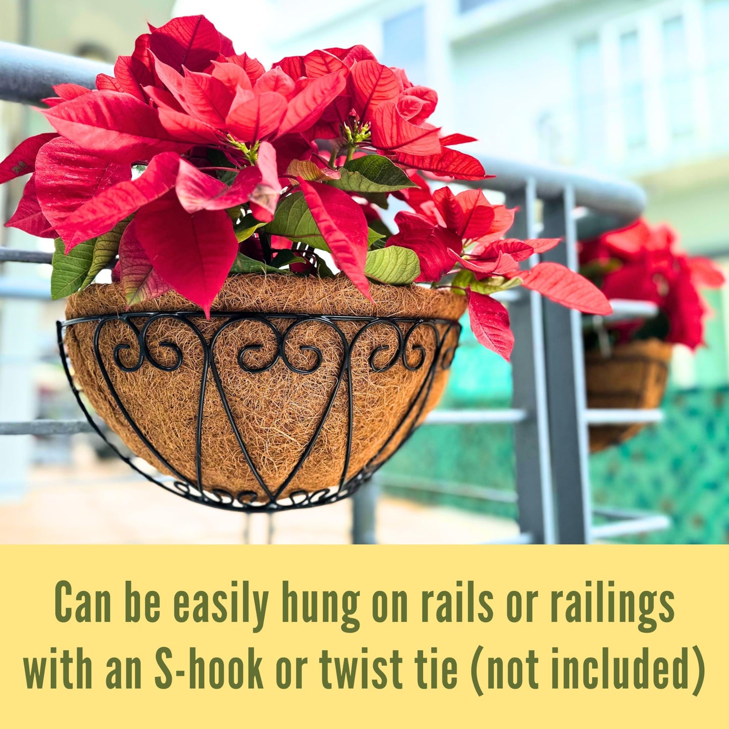 LaLaGreen Outdoor Wall Planters (2 Pack, 12 Inch) Black Metal Wall Mounted Hanging Basket with Coco Liner, Flower Pot Plant Holder Semi-Circle Planter for Fence Railing Deck Porch Balcony Garden Decor