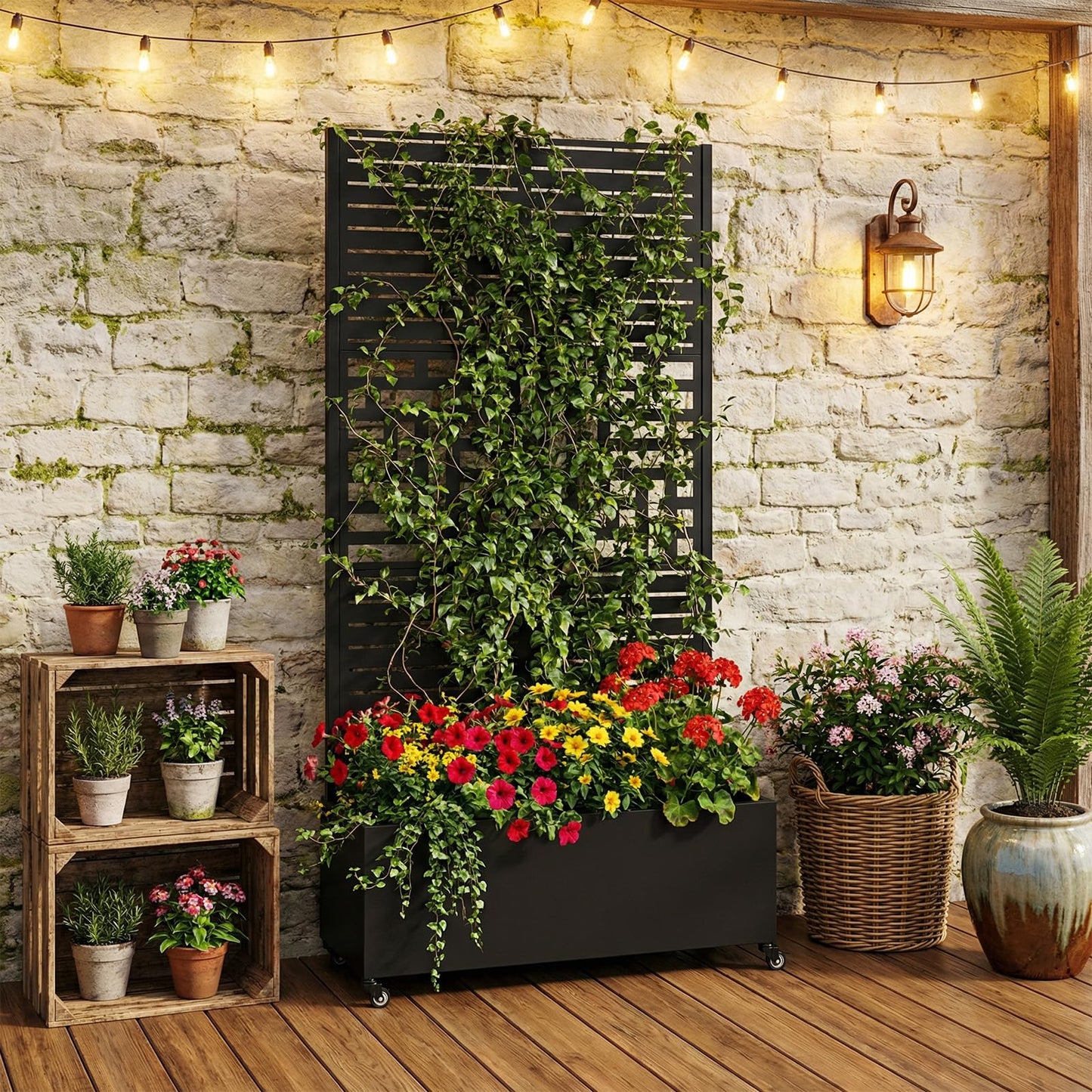 70.87x35.43x15.75 Inch Metal Planter Box with Trellis and Wheels Raised Garden Bed with Drainage Holes Privacy Planters Suitable for Climbing Plants and Vegetables