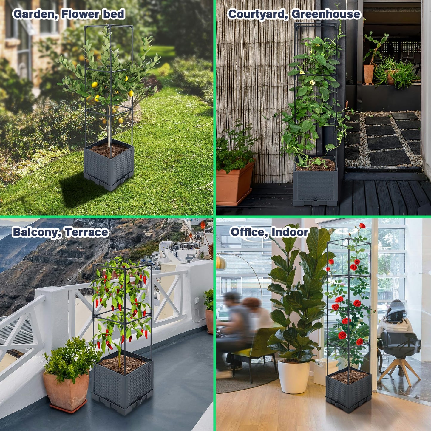 Sumloty Raised Garden Bed Planter Box, 2 Pack 56" Self-Watering Tomato Planter with Trellis for Climbing Vegetables Plants Grape Fruit Flowers,Use for Indoor Outdoor Garden Patio