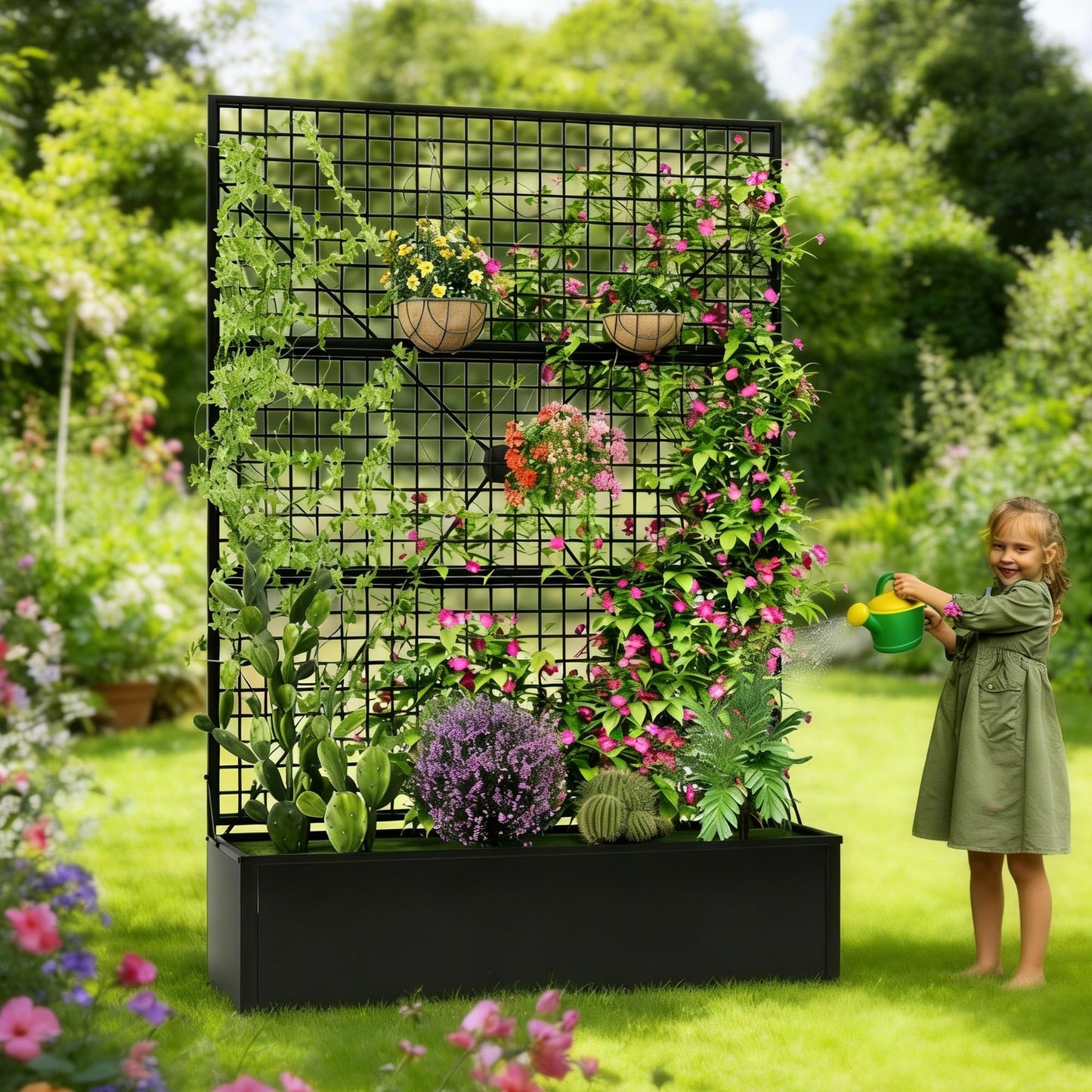 Privacy Planters for Patio – Metal Raised Garden Bed with Trellis and Privacy Screen, 71"×47.2"×16" Planter Box with Drainage Holes for Climbing Plants, Vegetables, and Vines, Outdoor Backyard Black