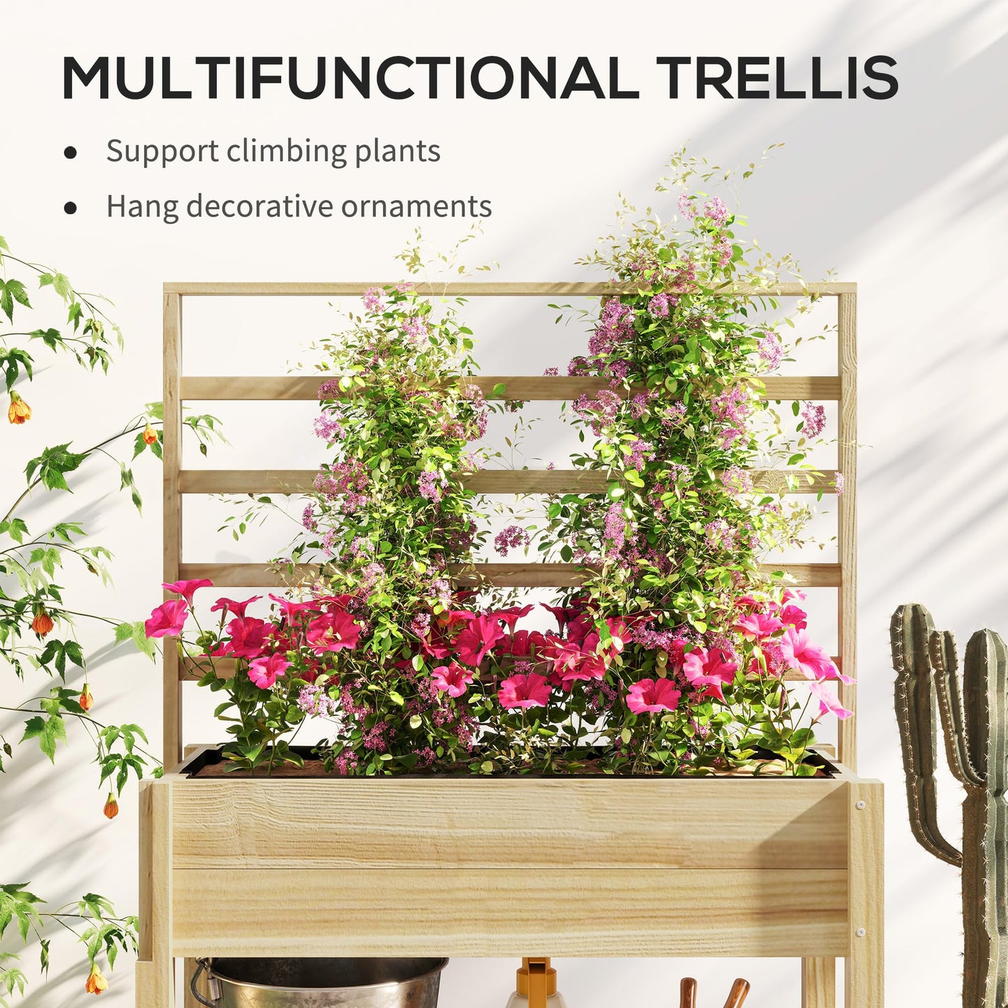 Outsunny Wooden Raised Garden Bed with Trellis, Elevated Planter Box with Storage Shelf, Drainage Holes and Liner, Outdoor Flower Box for Vegetables, Flowers, Herbs