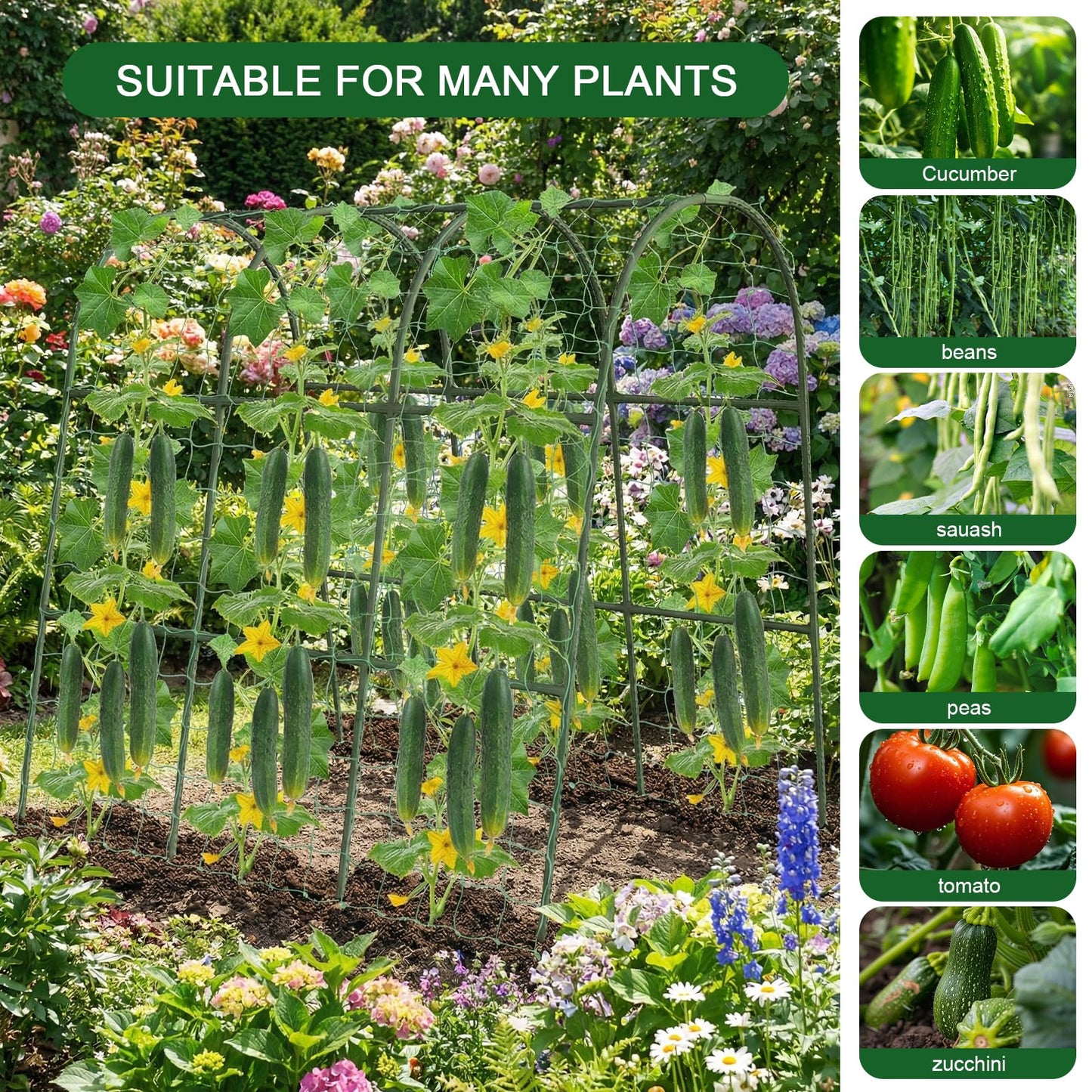 U-Shape Cucumber Trellis for Raised Bed - 47"x47"x22" Metal Garden Trellis with Net & Clips | Rust-Proof Plant Support for Cucumber, Tomato, Peas | Heavy-Duty Outdoor Climbing Plants Trellis