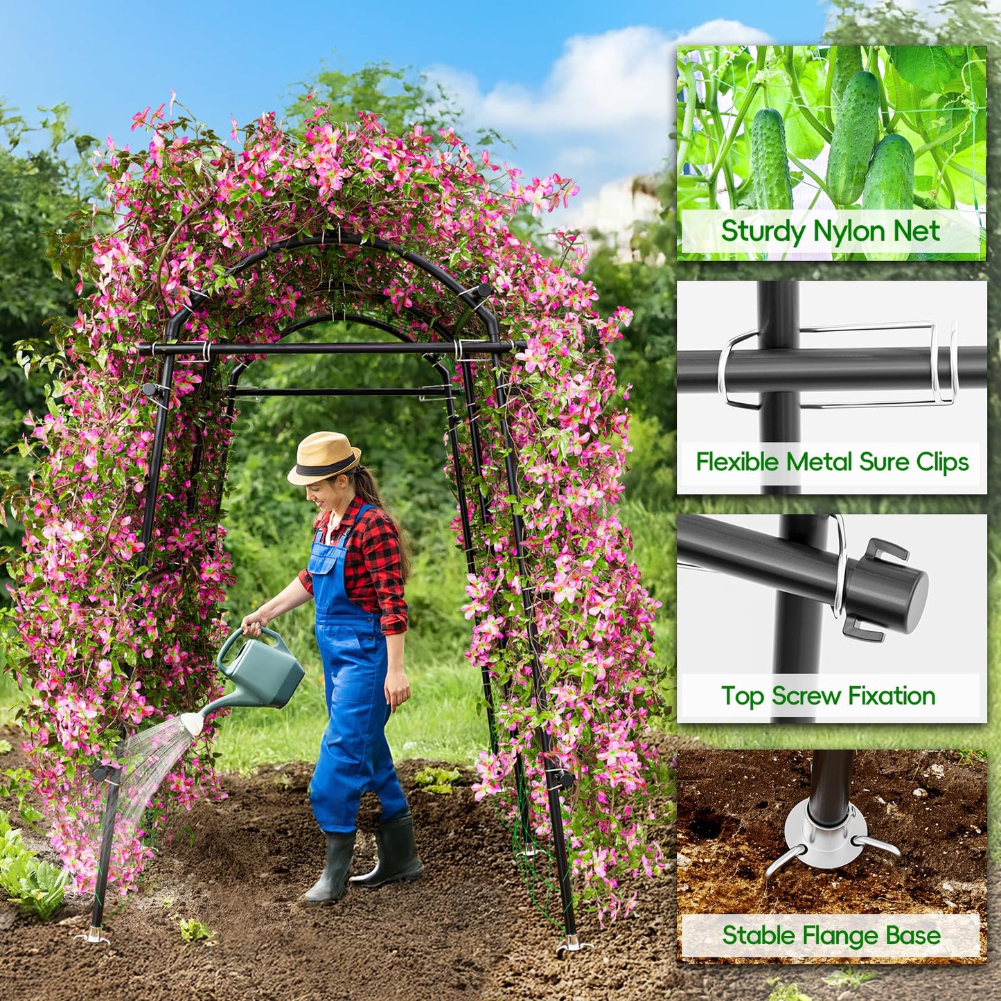 SPECILITE Garden Arch Trellis 88.58" Extra Tall for Climbing Plants Outdoor, Steel Stainless Arched Arbors Tunnel Trellis with Netting, Metal Cable Ties for Cucumber Tomato Pea Vines Fruit