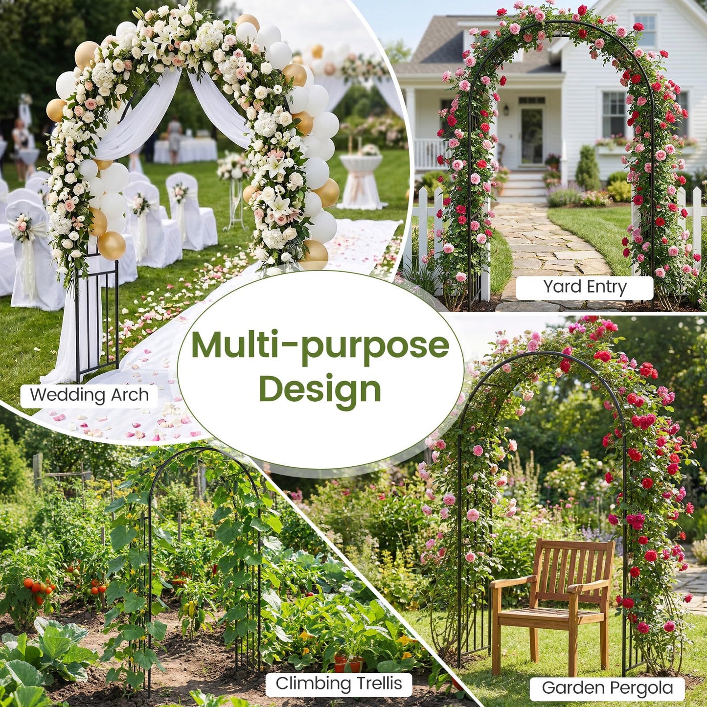 Giantex Garden Arch Outdoor Metal Arbor Trellis, 86'' Heavy Duty Steel Pergola Arch with Ground Stakes for Climbing Plants, Wedding, Party & Backyard Decoration (1 Pack)