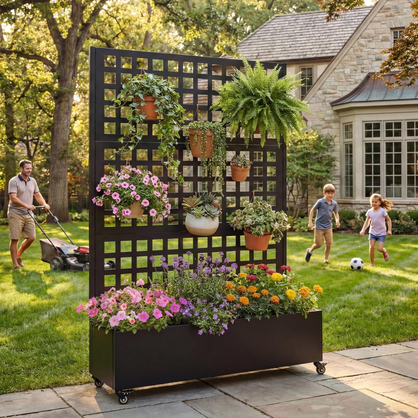 JIJIWANG 73" H Metal Raised Garden Bed with Trellis and Wheels, 73"x47"x16" Planter Box for Climbing Plants, Vegetables & Vines, Features Privacy Screen and Drainage Holes Black