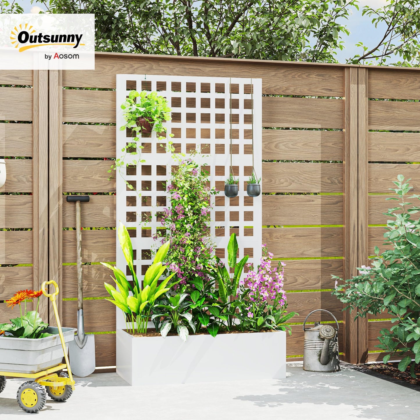 Outsunny Galvanized Raised Garden Bed with Trellis, Metal Planter Box with Drainage Holes, Outdoor Privacy Screen for Climbing Plants, Vegetable, Vines, 35" x 16" x 70", White