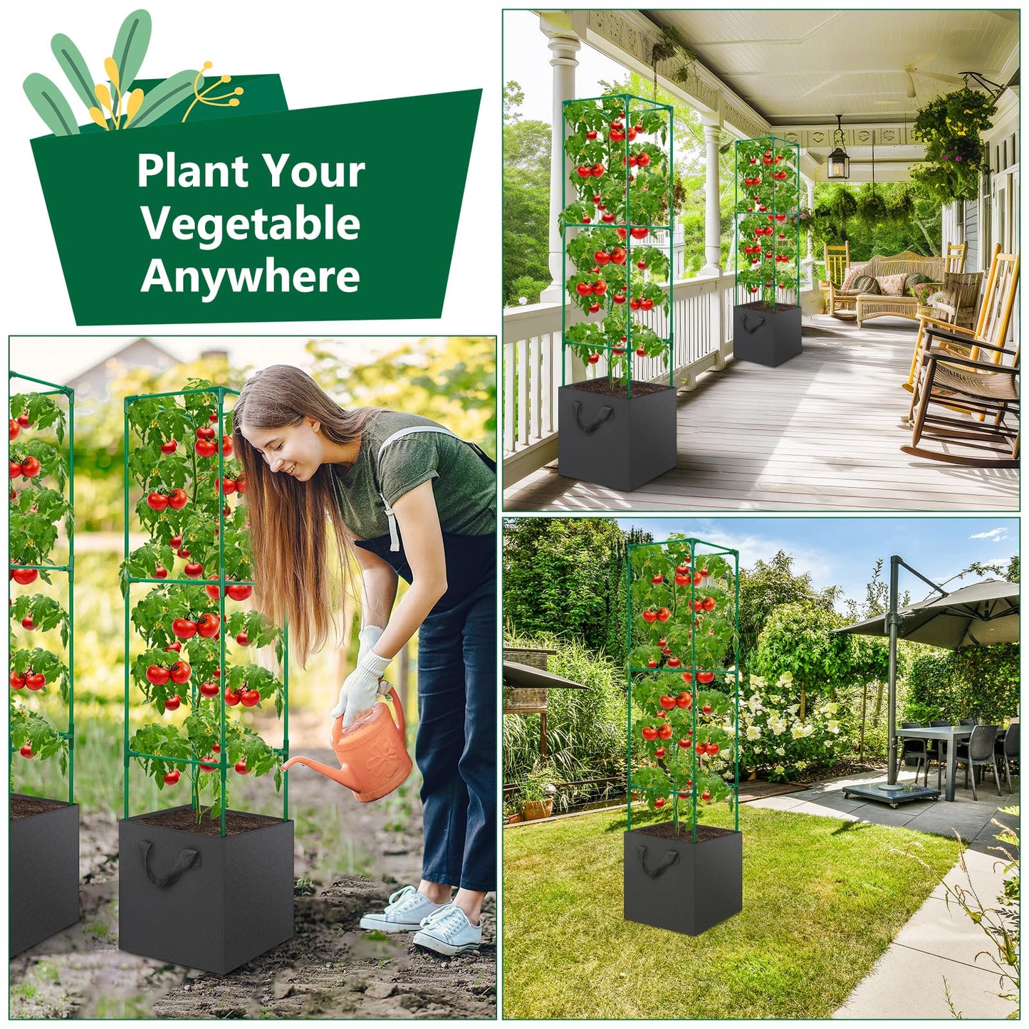 LifeisLuck 2 Pack Tomato Cages for Garden, 49 Inch Tall Tomato Cage with 7 Gallon Planter Bags, Plant Support Trellis Frames for Garden Cucumber Vegetables Plants Climbing Outdoor Indoor