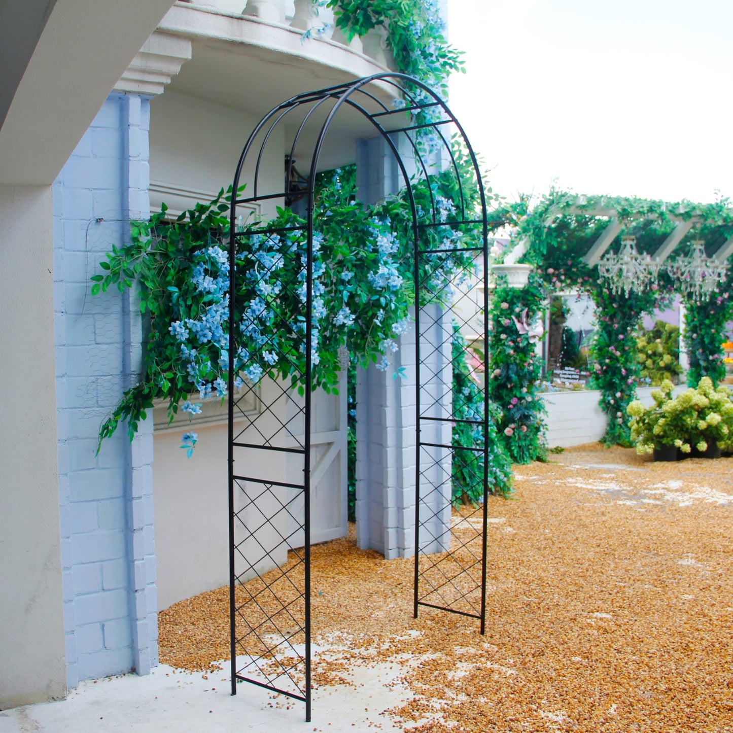 Flohover Metal Pergola Arbor, 7.9 Ft High x 3.8 Ft Wide, Garden Arch for Various Climbing Plant Wedding Garden Arch Bridal Party Decoration High Arbor Wedding Decor with Stakes