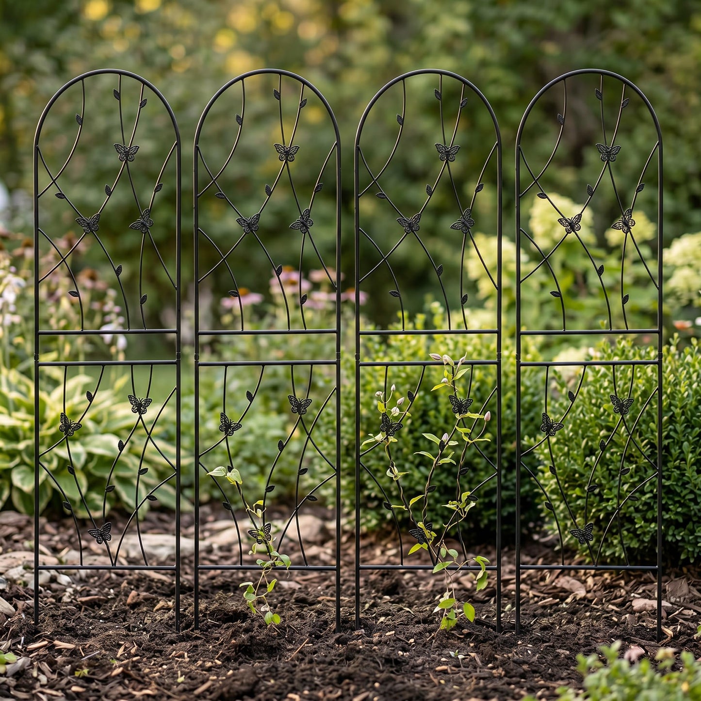 Wooakway 4 Pack Metal Garden Trellis, 71" x 19.7" Rustproof Decorative Plant Support with Butterfly Design for Outdoor Climbing Plants, Heavy Duty Flower Trellis for Roses, Yard Privacy Screen, Black