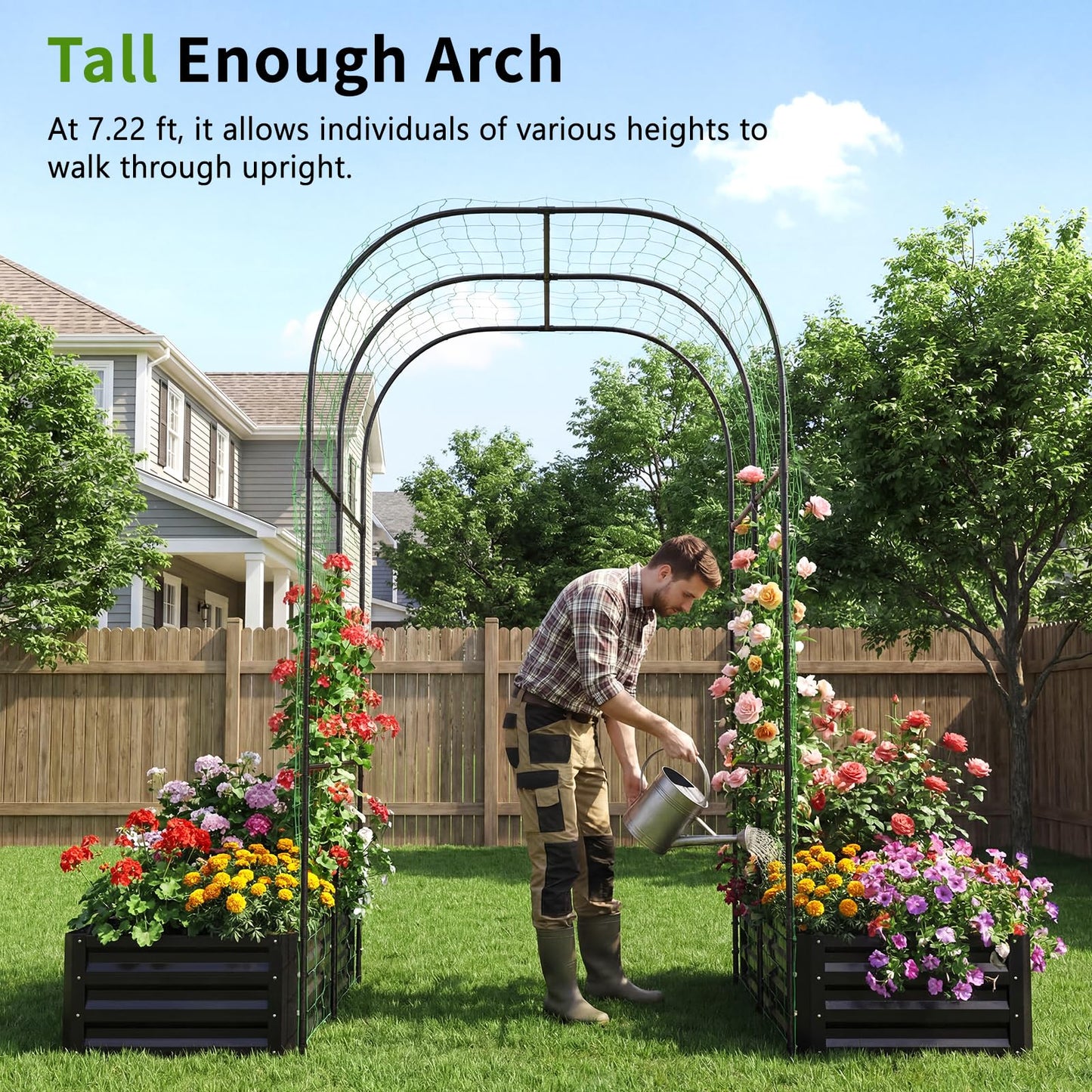 DoCred 3 in 1 Raised Garden Bed with 87in Tall Arch Trellis for Climbing Plants, Galvanized Planter Garden Box Outdoor for Gardening, Climbing Vegetables, Flower, Black