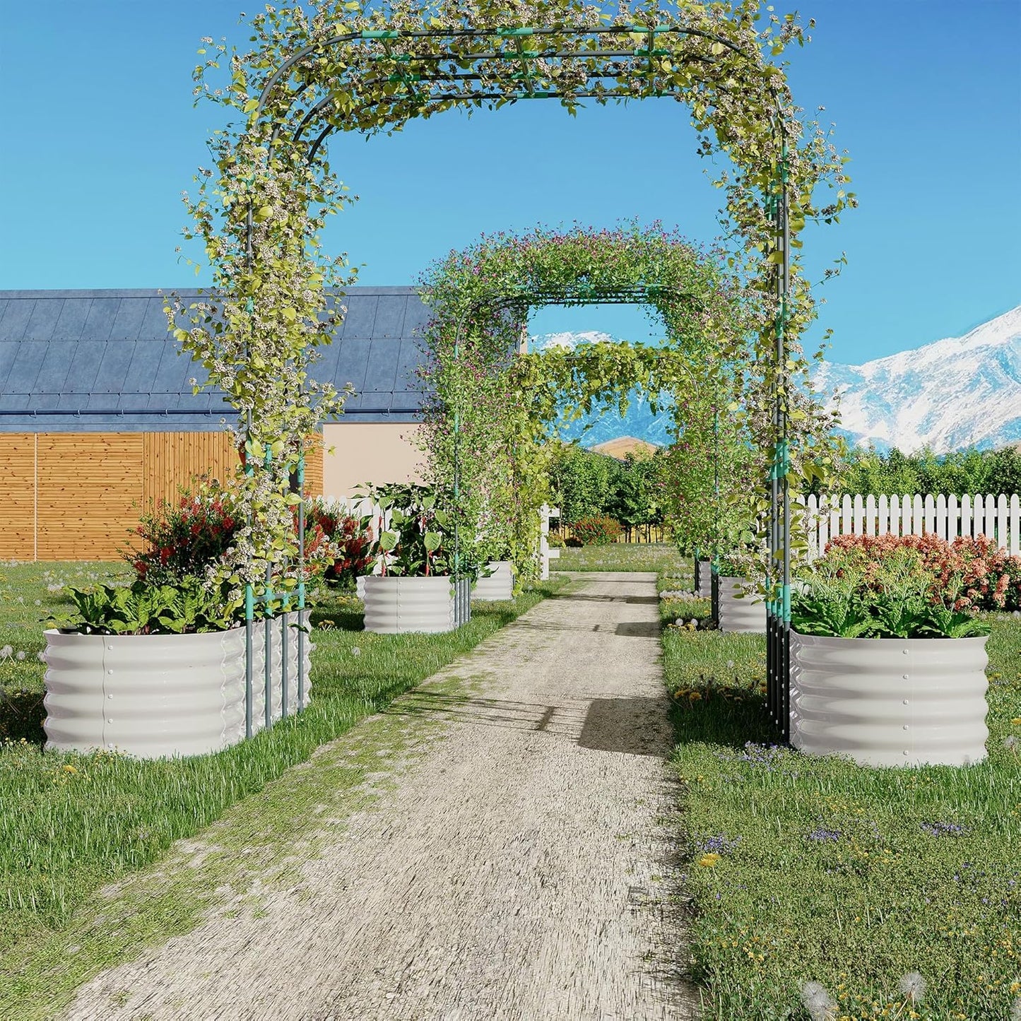 IDEALHOUSE 96" Tall Galvanized Metal Raised Garden Bed with Vertical Arch Trellis, Expandable Outdoor Planter Box for Climbing Vegetables & Flowers, Includes Plant Clips and Drainage Netting, Beige