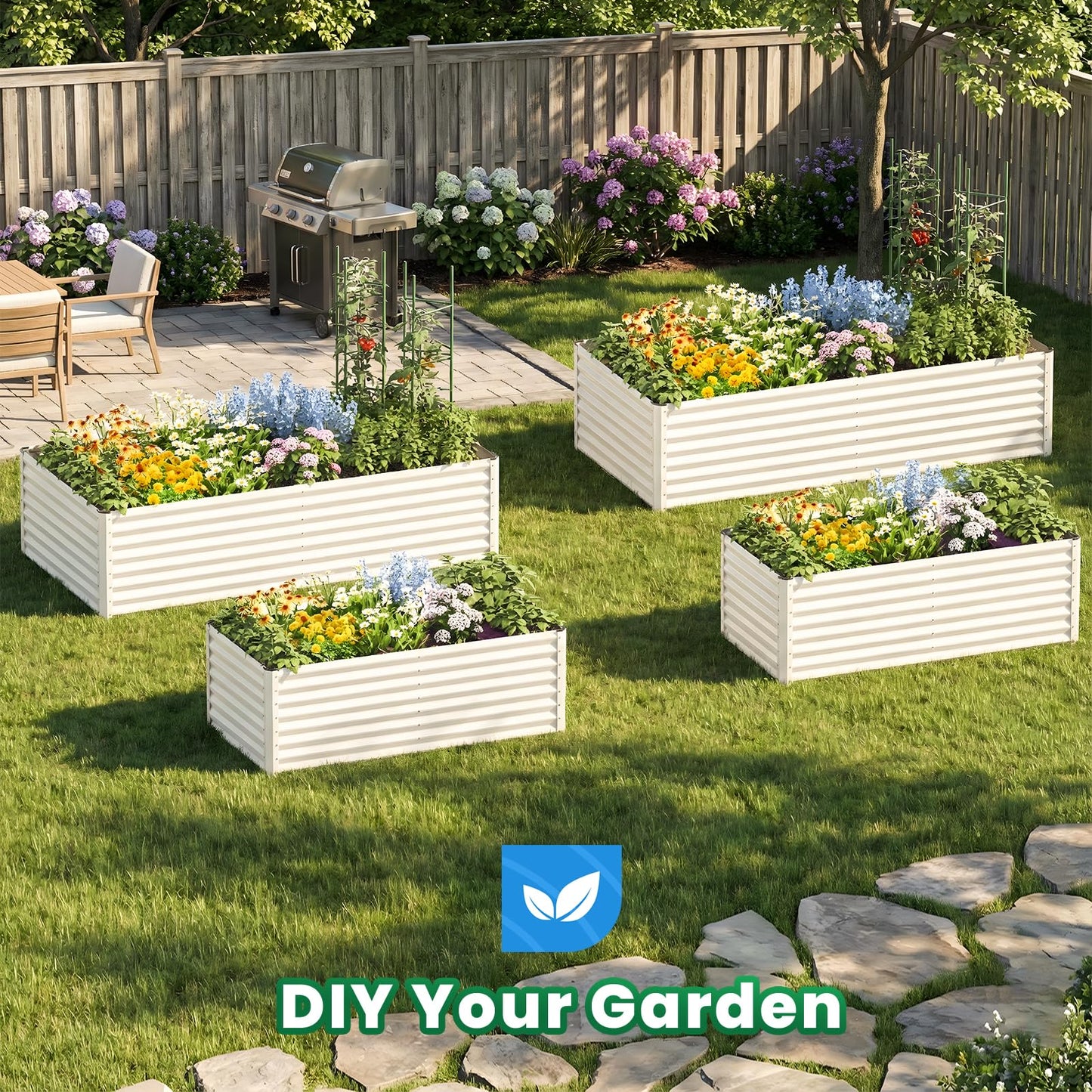 Quictent Galvanized Raised Garden Bed 8x4x2 Ft Tall Metal Planter Box for Vegetables Bottomless for Backyard, 2 Tomato Cages Included, 22.04" Deep, Beige