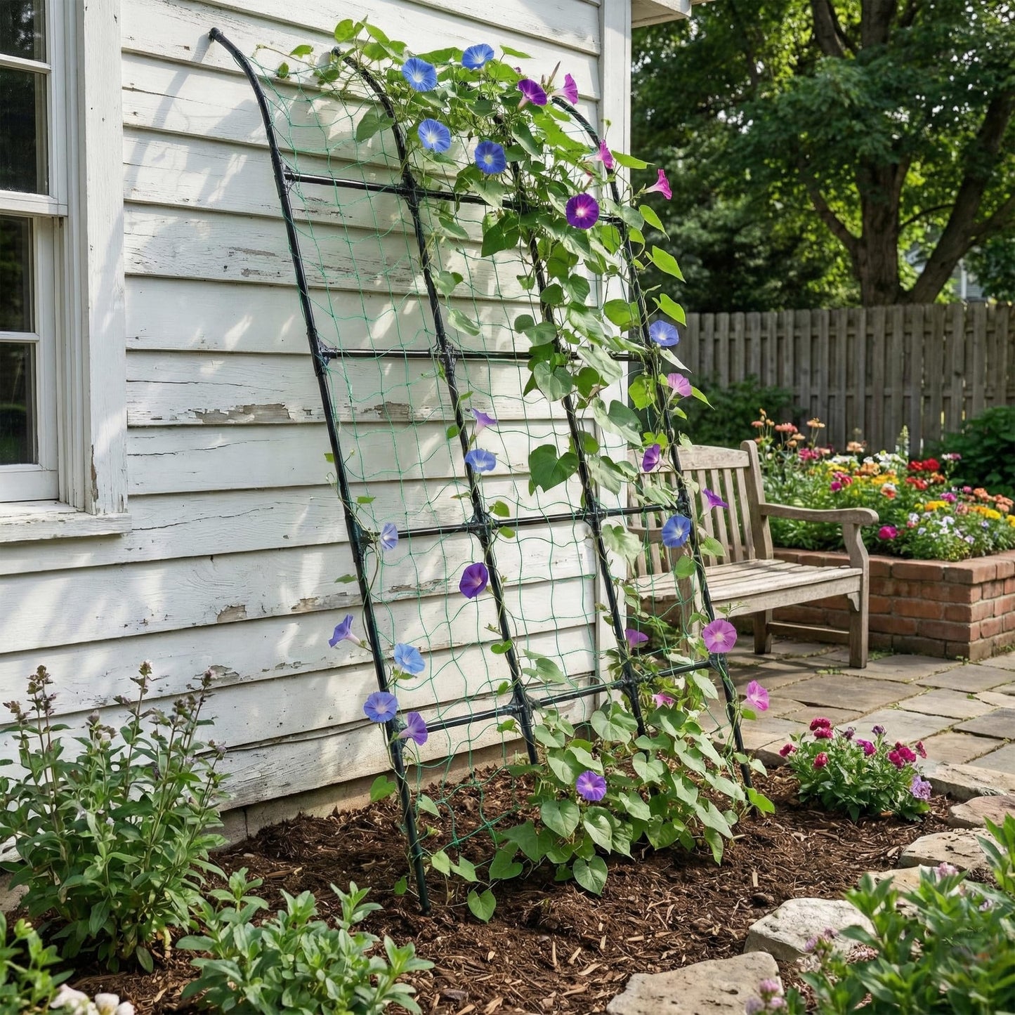 popsea 7.2ft Leaning Garden Trellis, No-Drill Lean-to Design for Climbing Plants | PE-Coated Galvanized Steel Plant Support for Flowers & Vegetables, Rust-Proof & Space-Saving Vertical Gardening