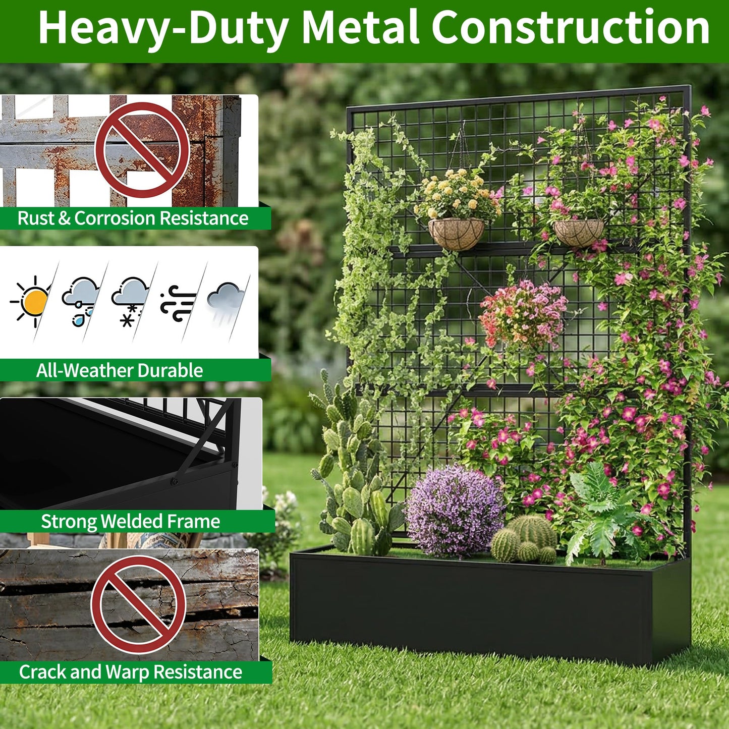 Privacy Planters for Patio – Metal Raised Garden Bed with Trellis and Privacy Screen, 71"×47.2"×16" Planter Box with Drainage Holes for Climbing Plants, Vegetables, and Vines, Outdoor Backyard Black