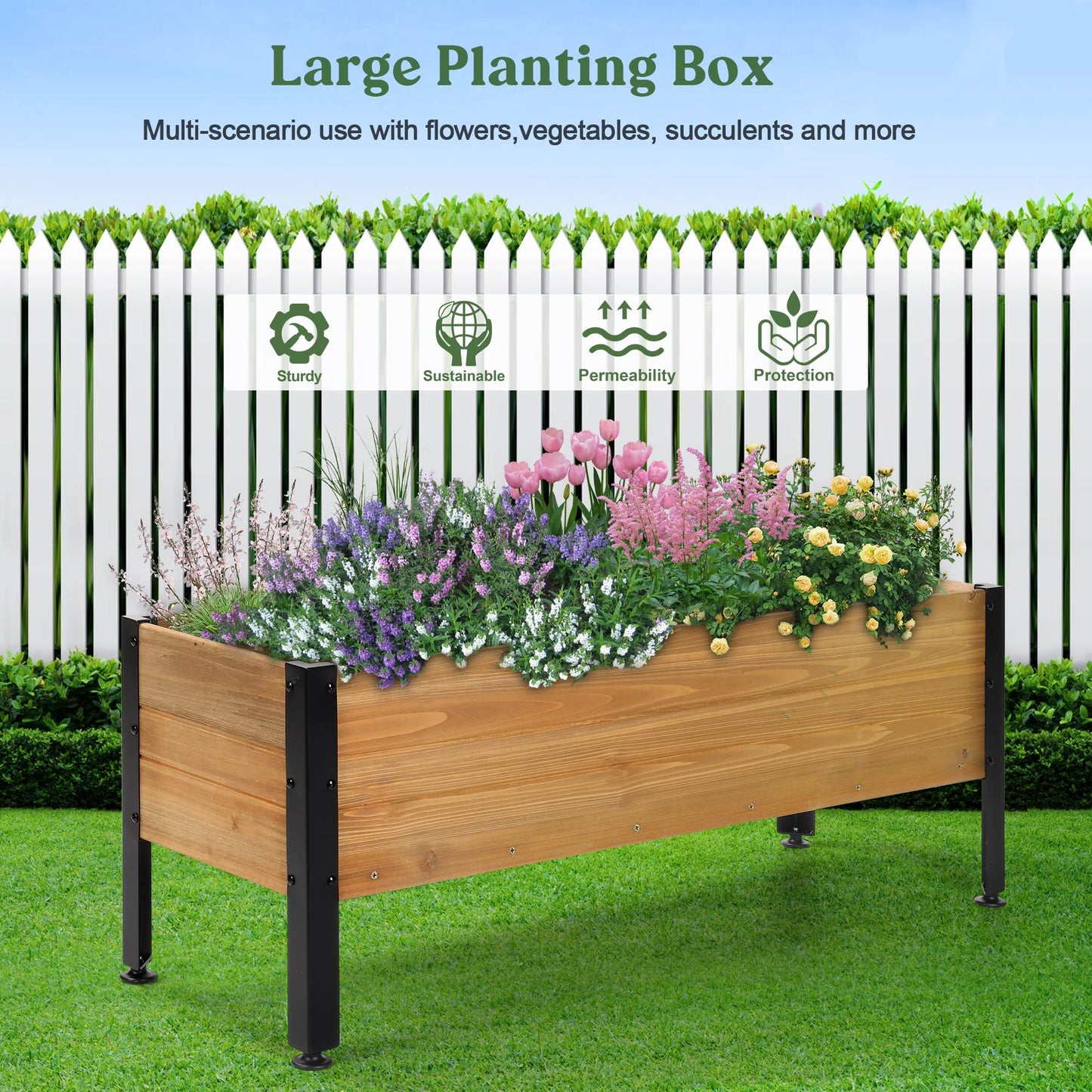 Borsynium Wooden Rectangular Flower Box with Low-Iron Legs, Planting Bed for Flowers and Vegetables, Suitable for Garden and Balcony. Dimensions: 35.43×13.9×12.5 inches