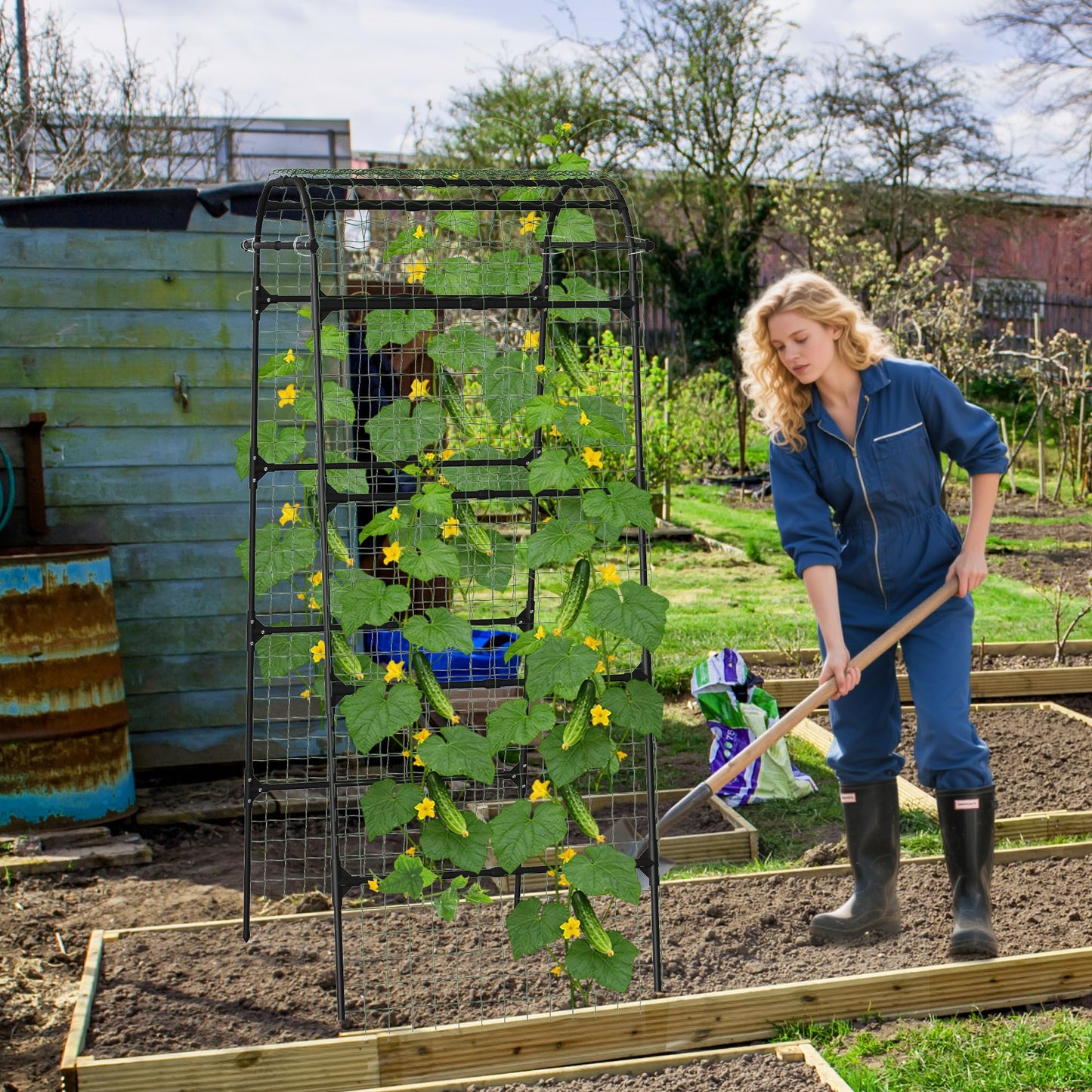 Cucumber Trellis for Raised Bed, U-Shape Metal Garden Arch, Rustproof PE-Coated Plant Support for Cucumbers, Beans, Tomatoes, Squash, Flowers (Black, 31.5 * 49.2 * 82.7inch(L*W*H))