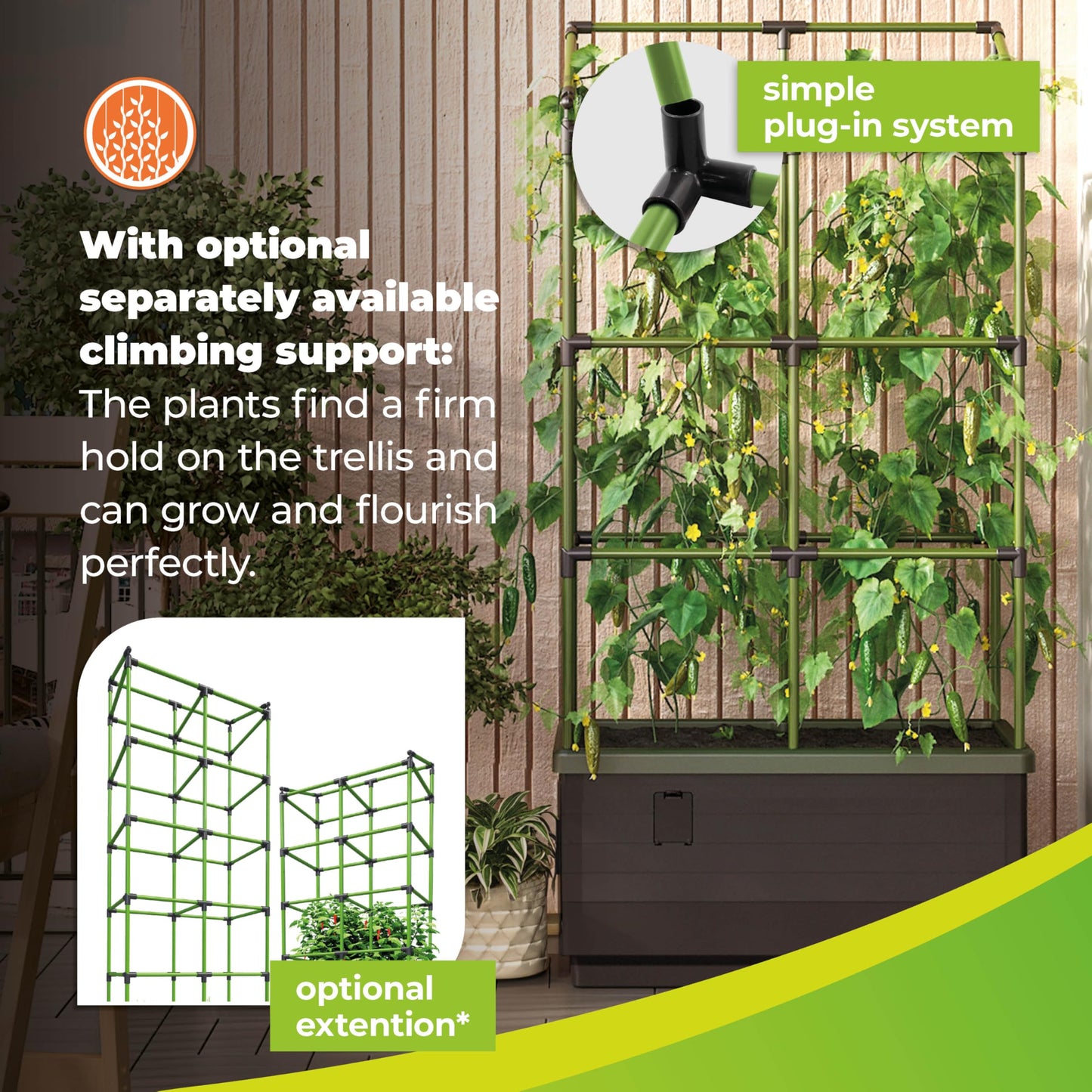 BioGreen Raised Garden Bed with Trellis CITY JUNGLE | 8.98 gal | 13“L x 24“W x 63.4“H | Integrated Irrigation System | Grey Self-Watering Planter Box